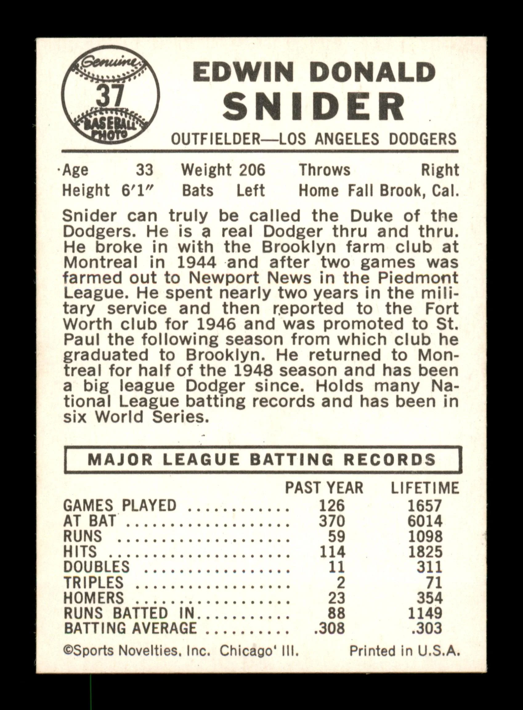 Duke Snider Autographed 1960 Leaf Card #37 Los Angeles Dodgers SKU #198807 - Image 2