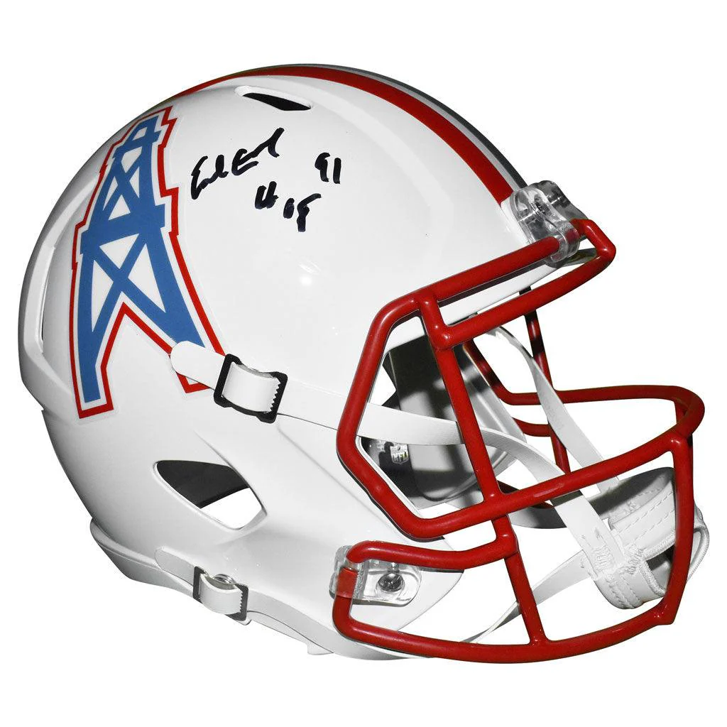 Earl Campbell Signed HOF 91 Inscription Houston Oilers throwback 81-98 Speed Full-Size Replica Football Helmet Black ink (BECKETT)