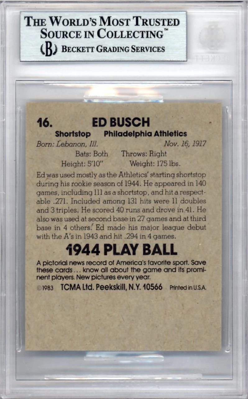 Ed Busch Autographed 1983 1944 Play Ball Reprint Card #16 Philadelphia A's Beckett BAS #9888041 - Image 2