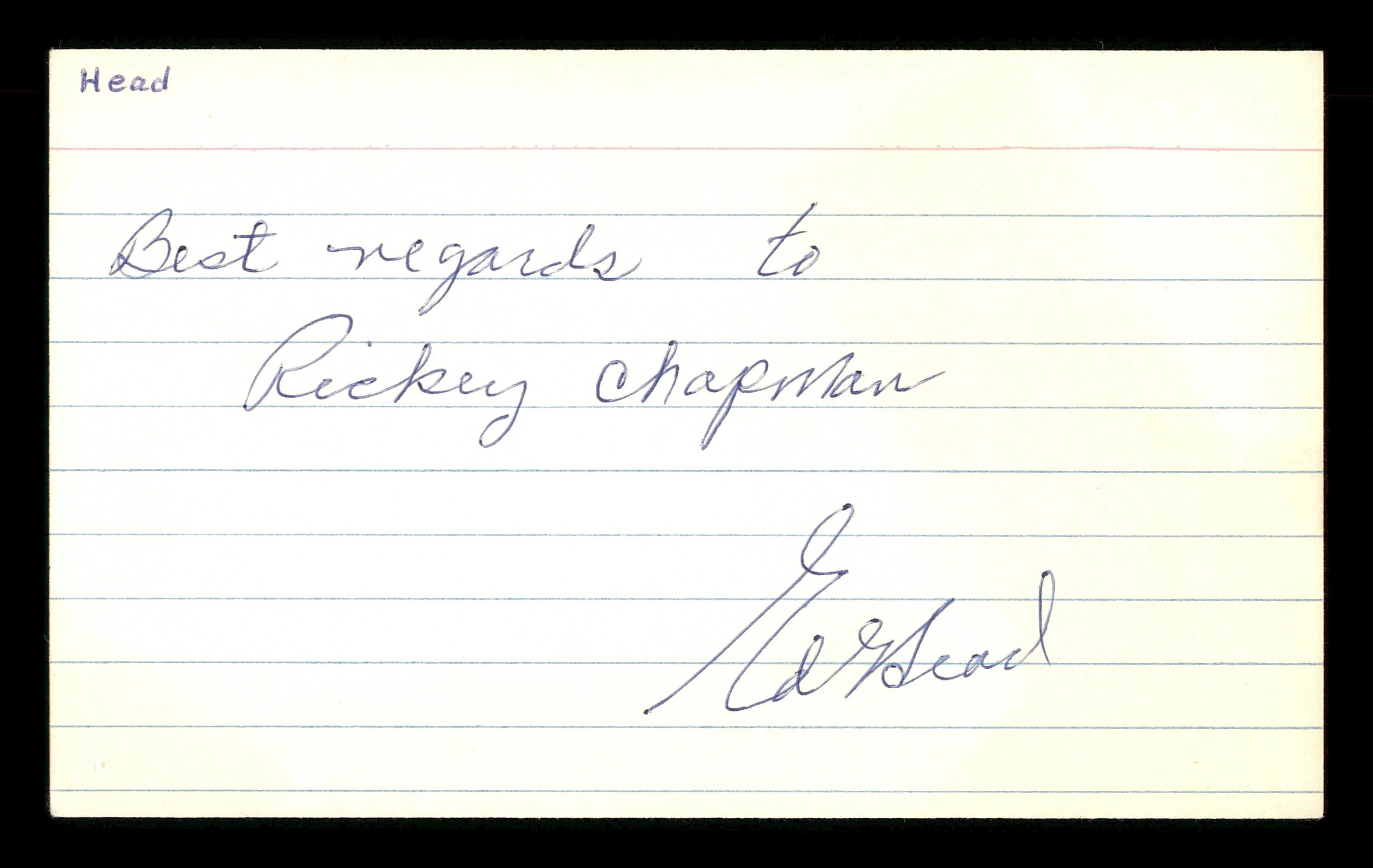 Ed Head Autographed 3x5 Index Card Brooklyn Dodgers "To Rickey Chapman" SKU #174159