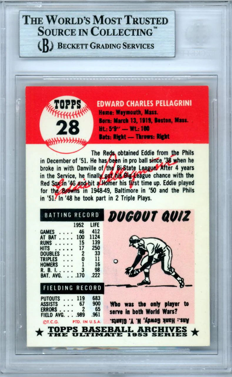 Eddie Pellagrini Autographed 1953 Topps Archives Card #28 Cincinnati Reds Beckett BAS #9888237 - Image 2