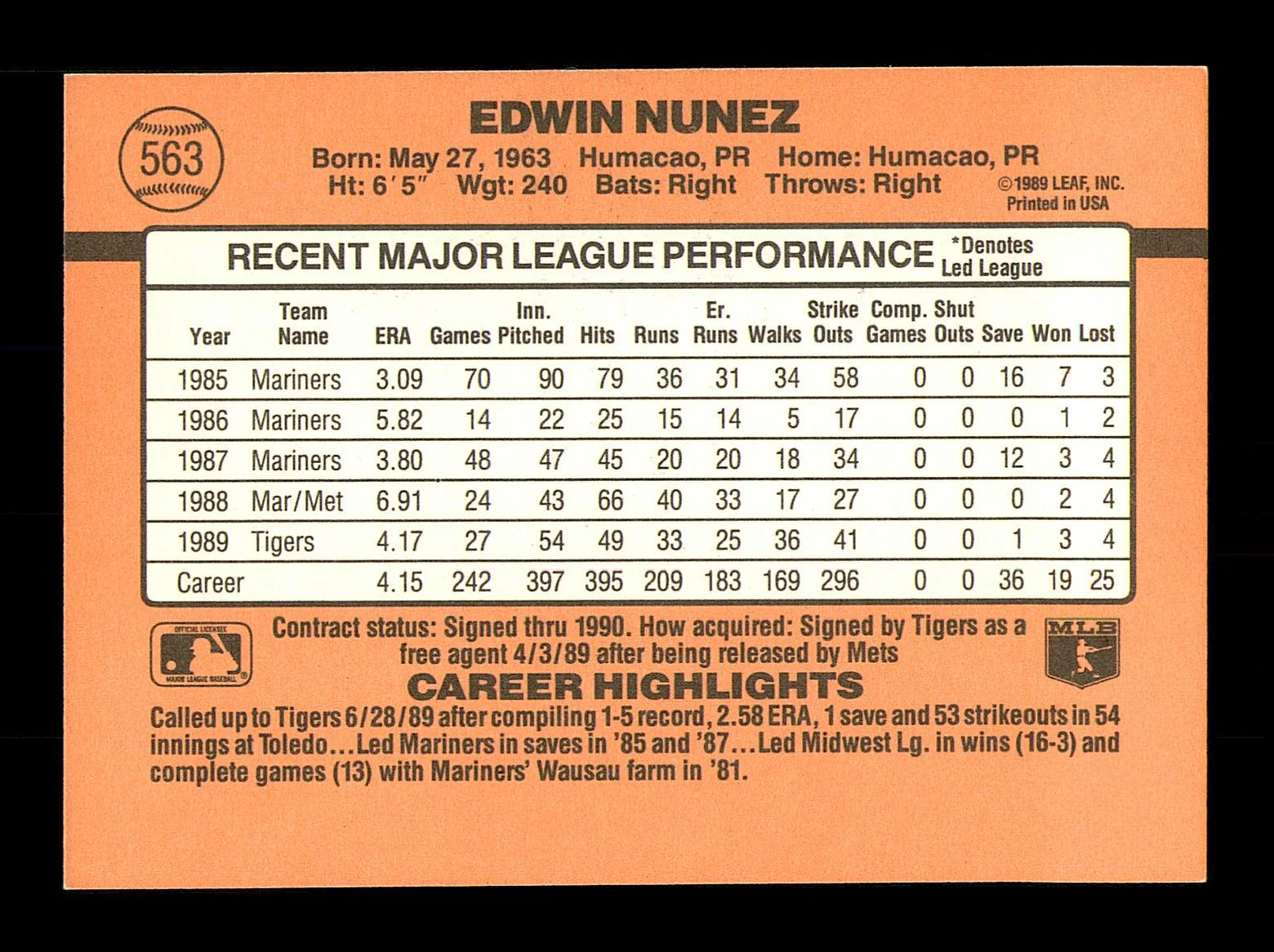 Edwin Nunez Autographed 1990 Donruss Card #563 Detroit Tigers SKU #184444 - Image 2