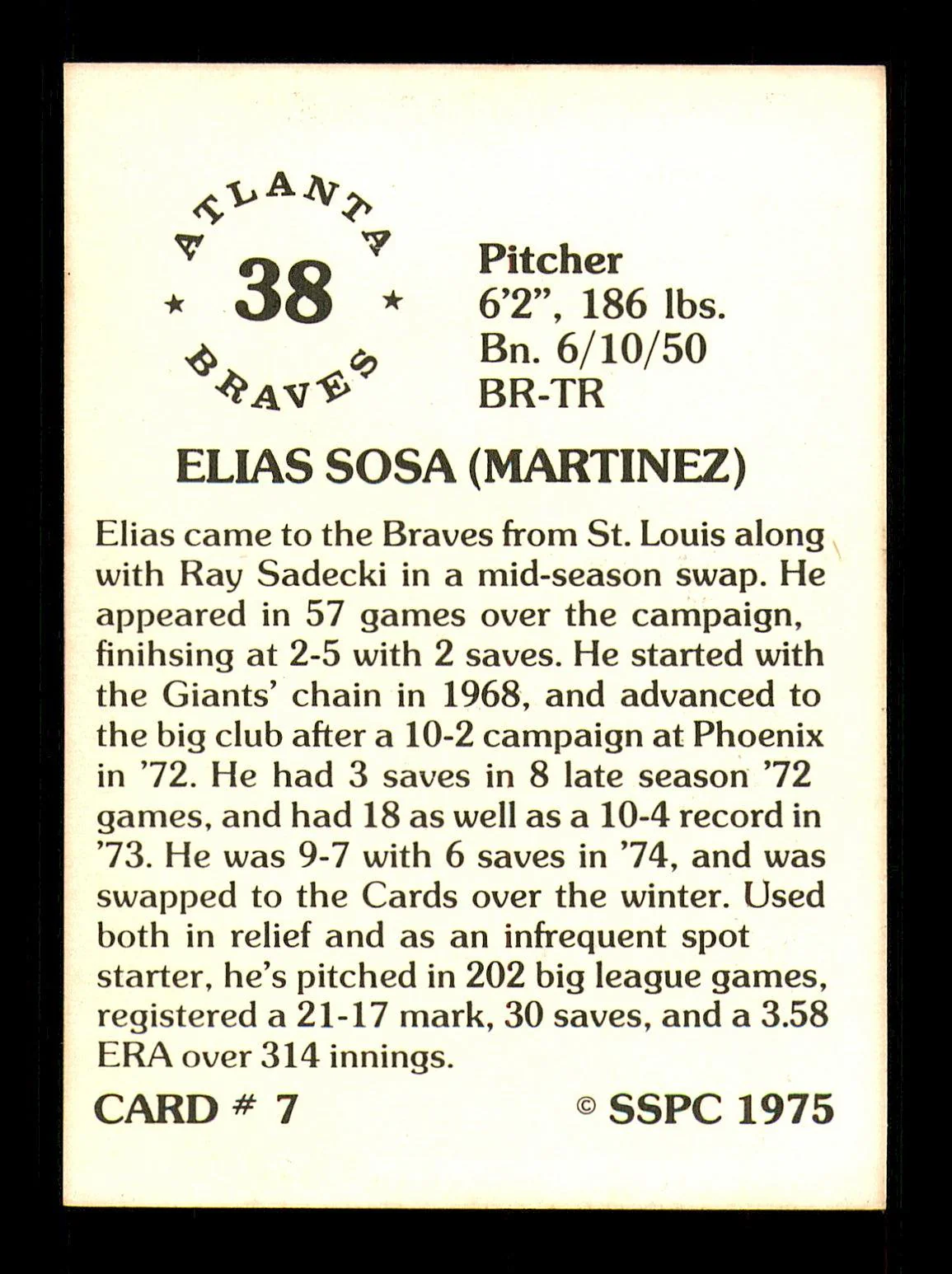 Elias Sosa Autographed 1975 SSPC Card #7 Atlanta Braves SKU #184709 - Image 2
