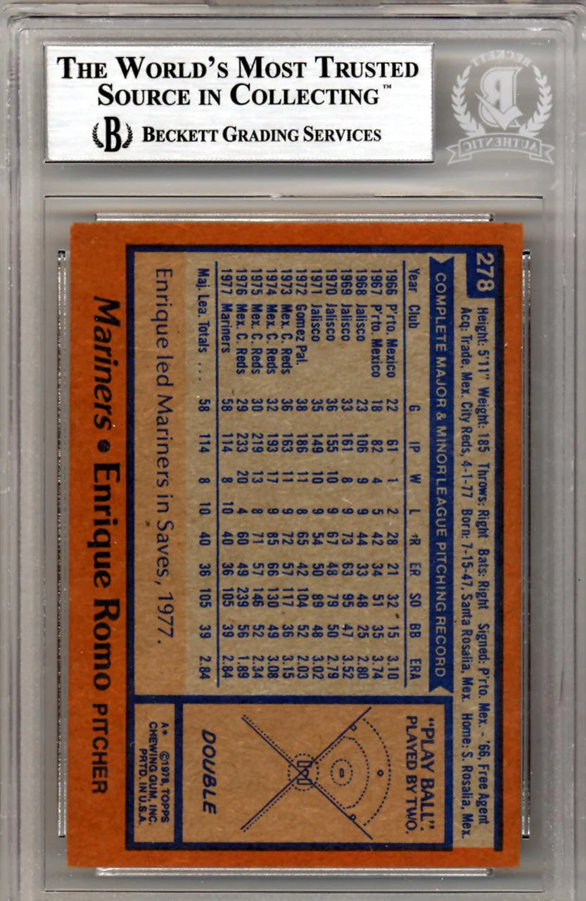 Enrique Romo Autographed 1978 Topps Rookie Card #278 Seattle Mariners Beckett BAS #10211465 - Image 2