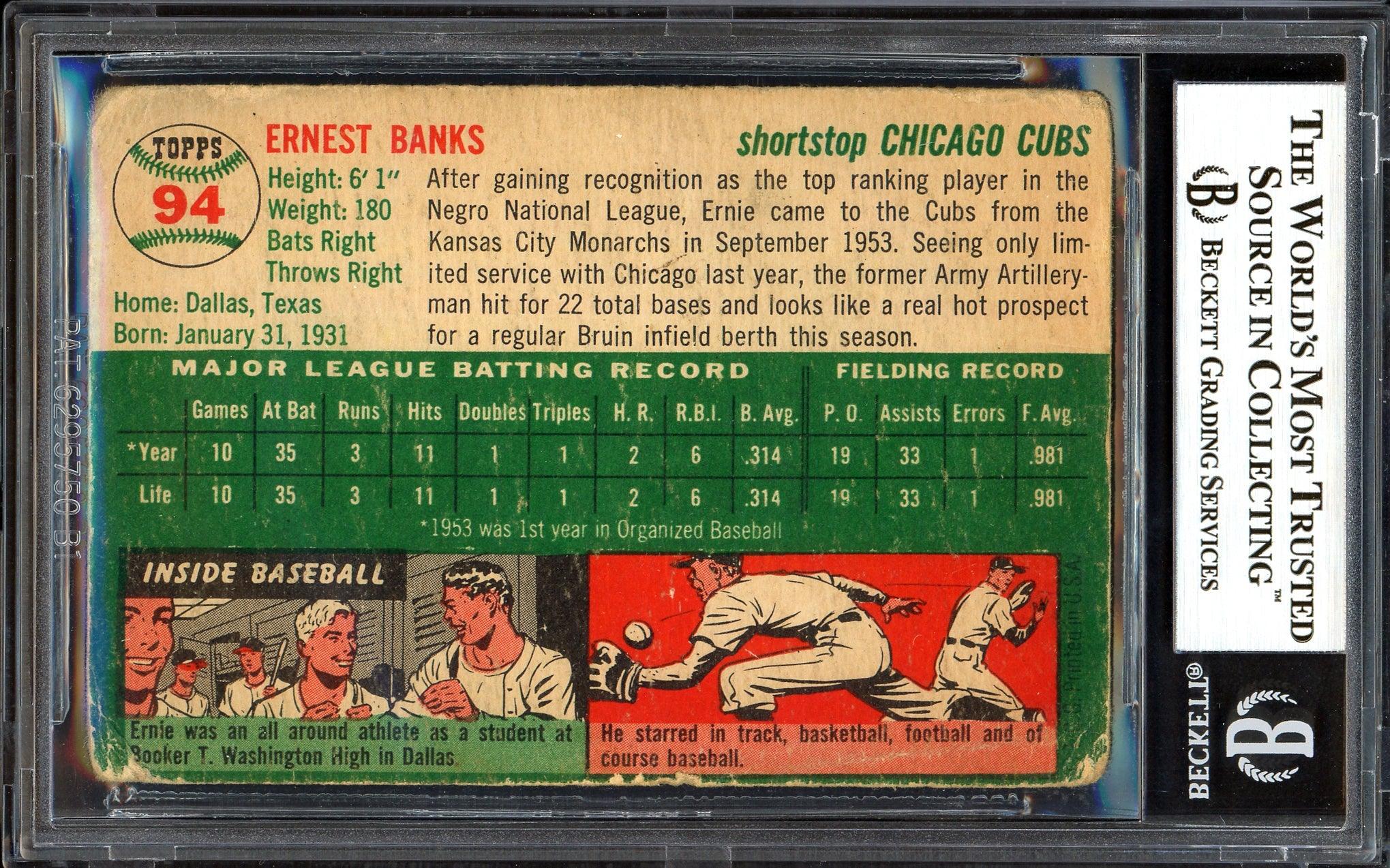 Ernie Banks Autographed 1954 Topps Card #94 Chicago Cubs Vintage Rookie Era Signature Beckett BAS #13022237 - Image 2