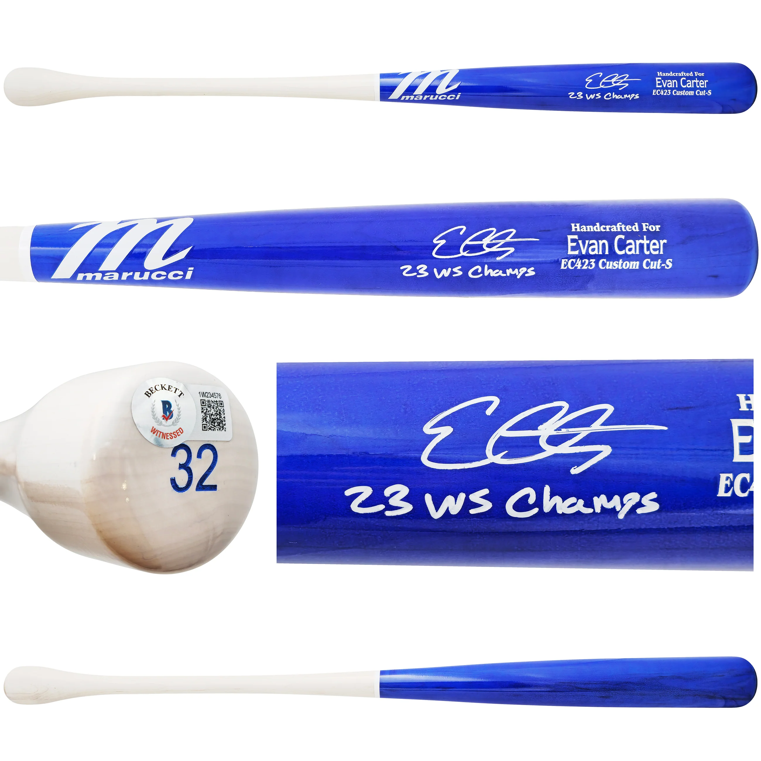 Evan Carter Autographed Blue & White Marucci Player Model Baseball Bat Texas Rangers "23 WS Champs" Beckett BAS Witness