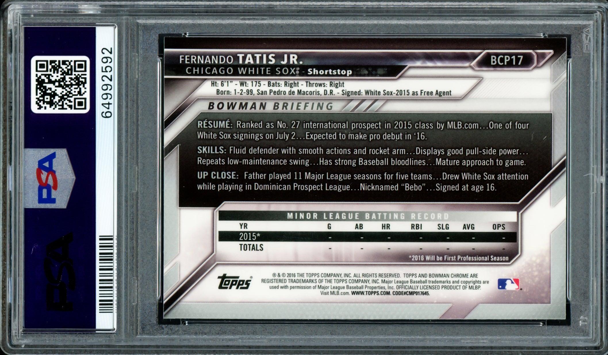 Fernando Tatis Jr. Autographed 2016 Bowman Chrome Rookie Card #BCP17 San Diego Padres PSA 9 Auto Grade Gem Mint 10 PSA/DNA #64992592 - Image 2