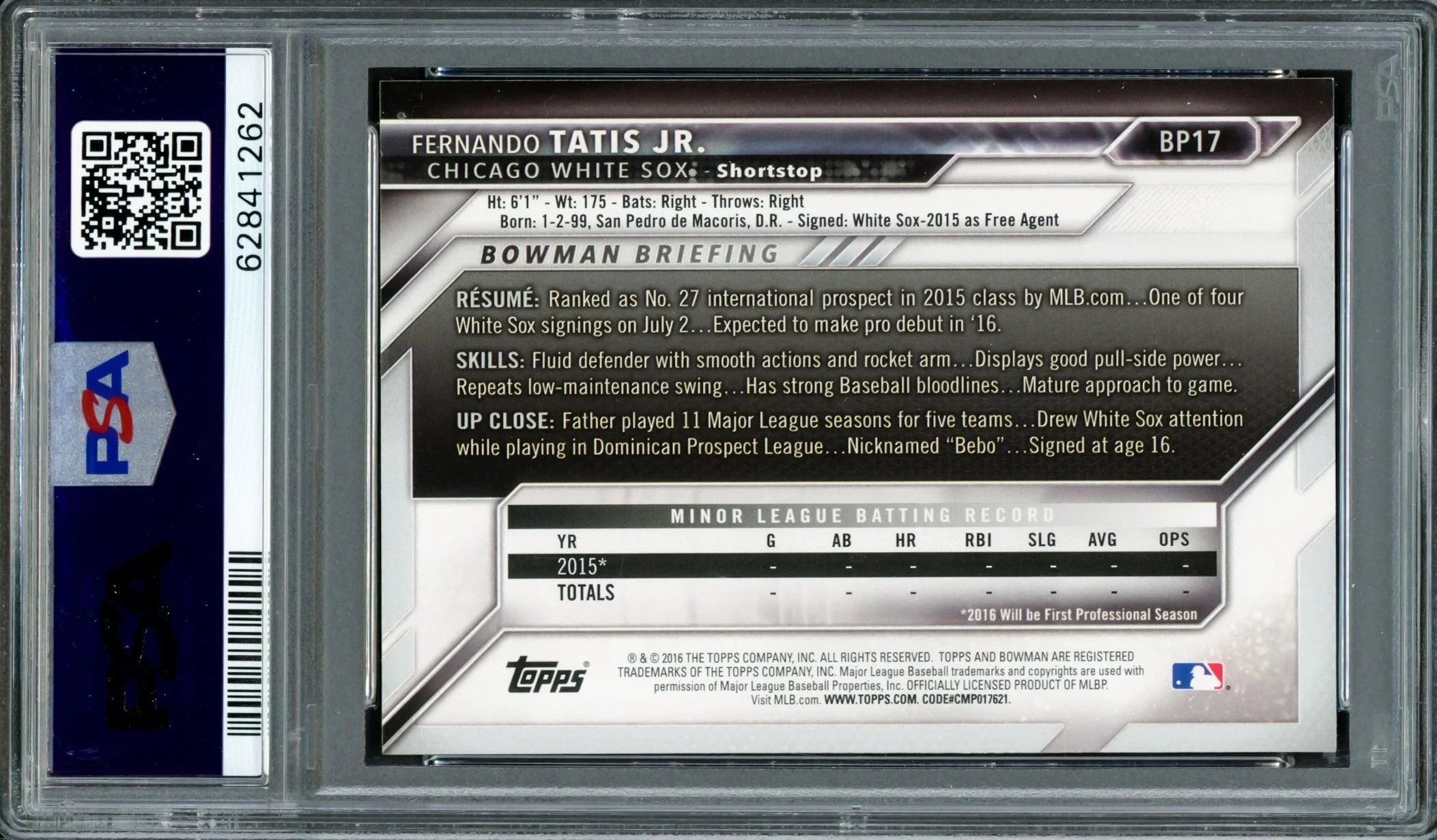 Fernando Tatis Jr. Autographed 2016 Bowman Prospects Rookie Card #BP17 San Diego Padres PSA 9 Auto Grade Gem Mint 10 PSA/DNA #62841262 - Image 2
