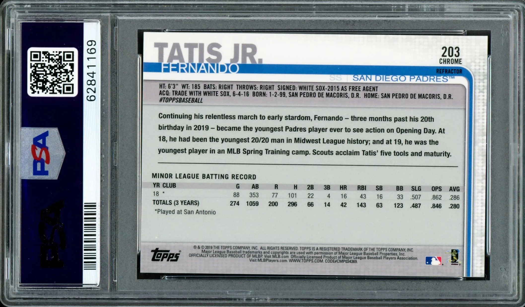Fernando Tatis Jr. Autographed 2019 Topps Chrome Pink Refractor Rookie Card #203 San Diego Padres PSA 9 Auto Grade Gem Mint 10 PSA/DNA #62841169 - Image 2