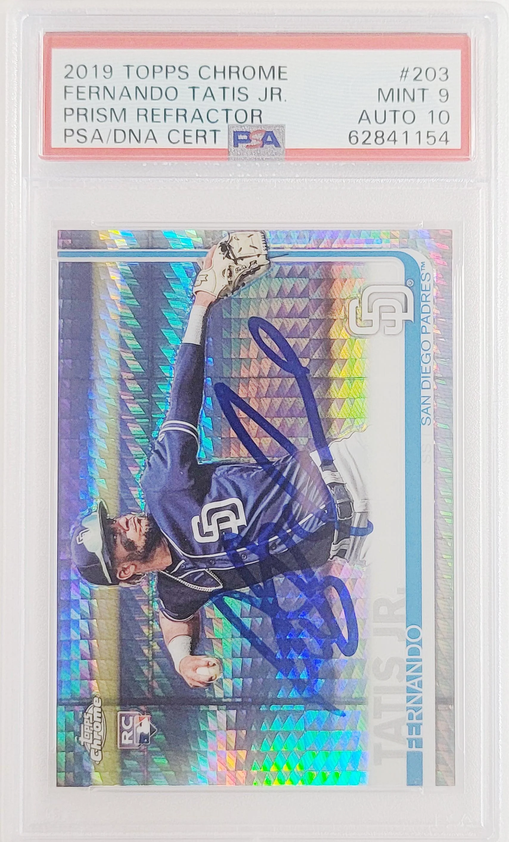 Fernando Tatis Jr. Autographed 2019 Topps Chrome Prism Refractor Rookie Card #203 San Diego Padres PSA 9 Auto Grade Gem Mint 10 PSA/DNA #62841154 - Image 2