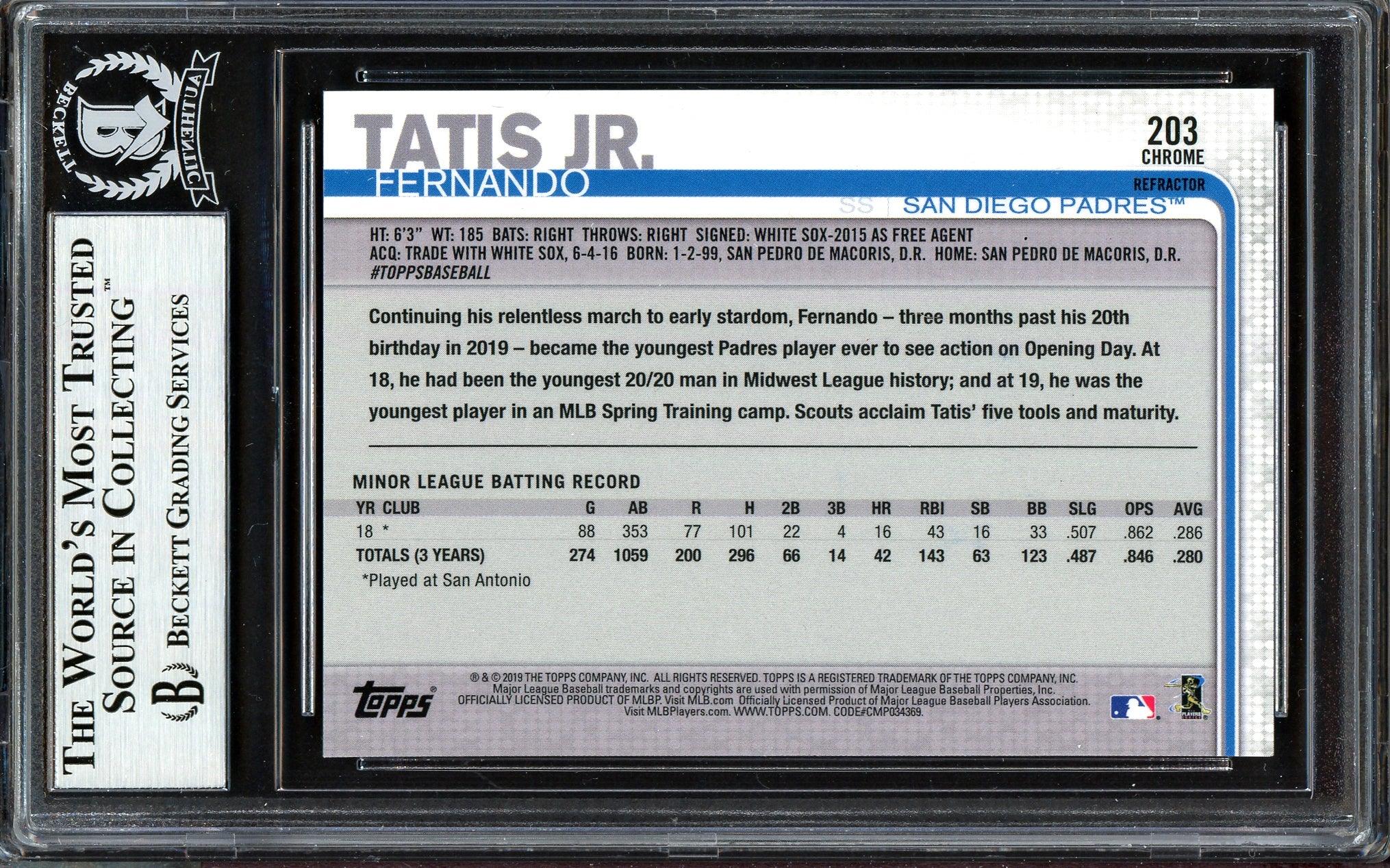 Fernando Tatis Jr. Autographed 2019 Topps Chrome Refractor Rookie Card #203 San Diego Padres Beckett BAS #13609594 - Image 2