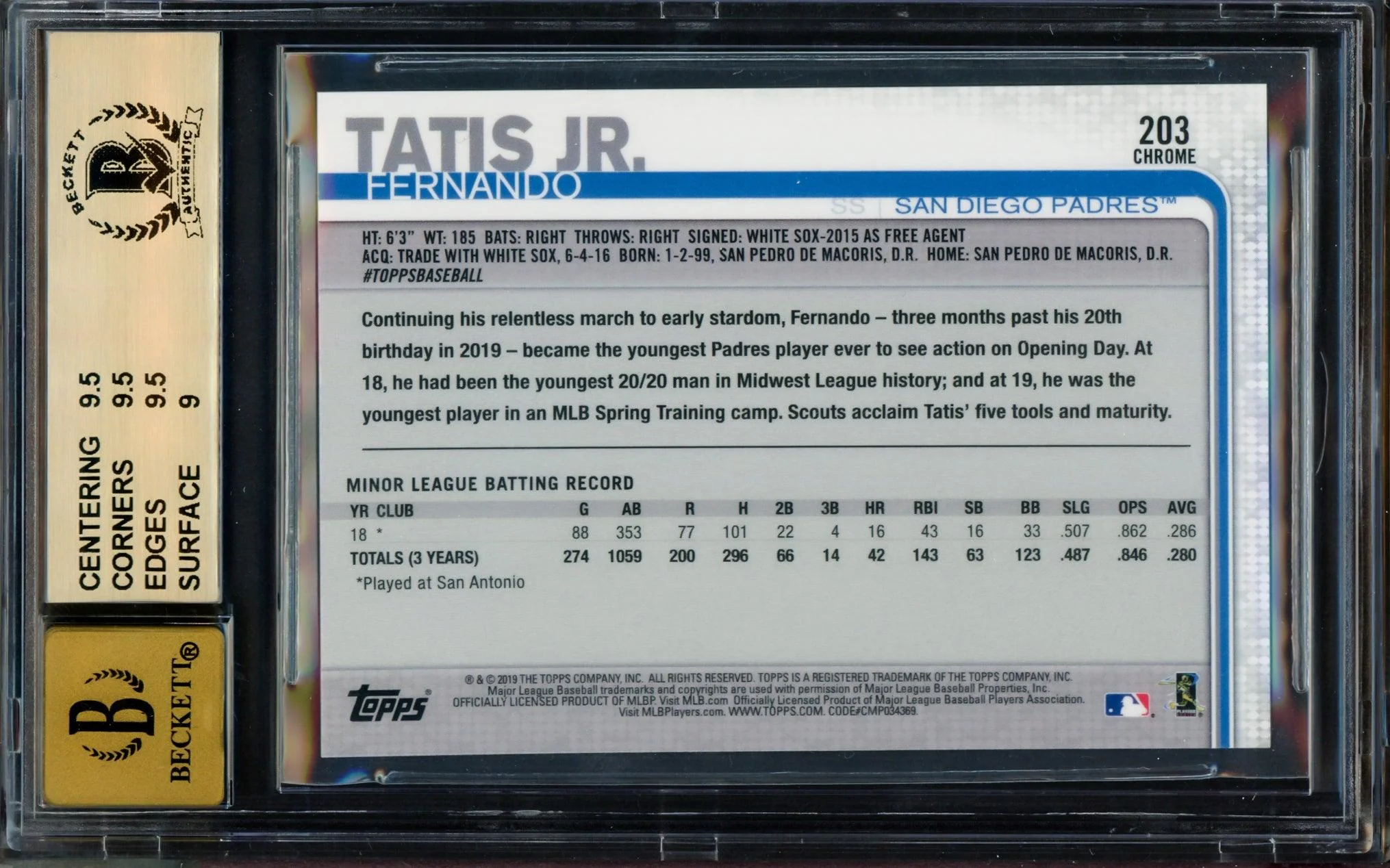 Fernando Tatis Jr. Autographed 2019 Topps Chrome Rookie Card #203 San Diego Padres BGS 9.5 Auto Grade Gem Mint 10 Beckett BAS #14323868 - Image 2