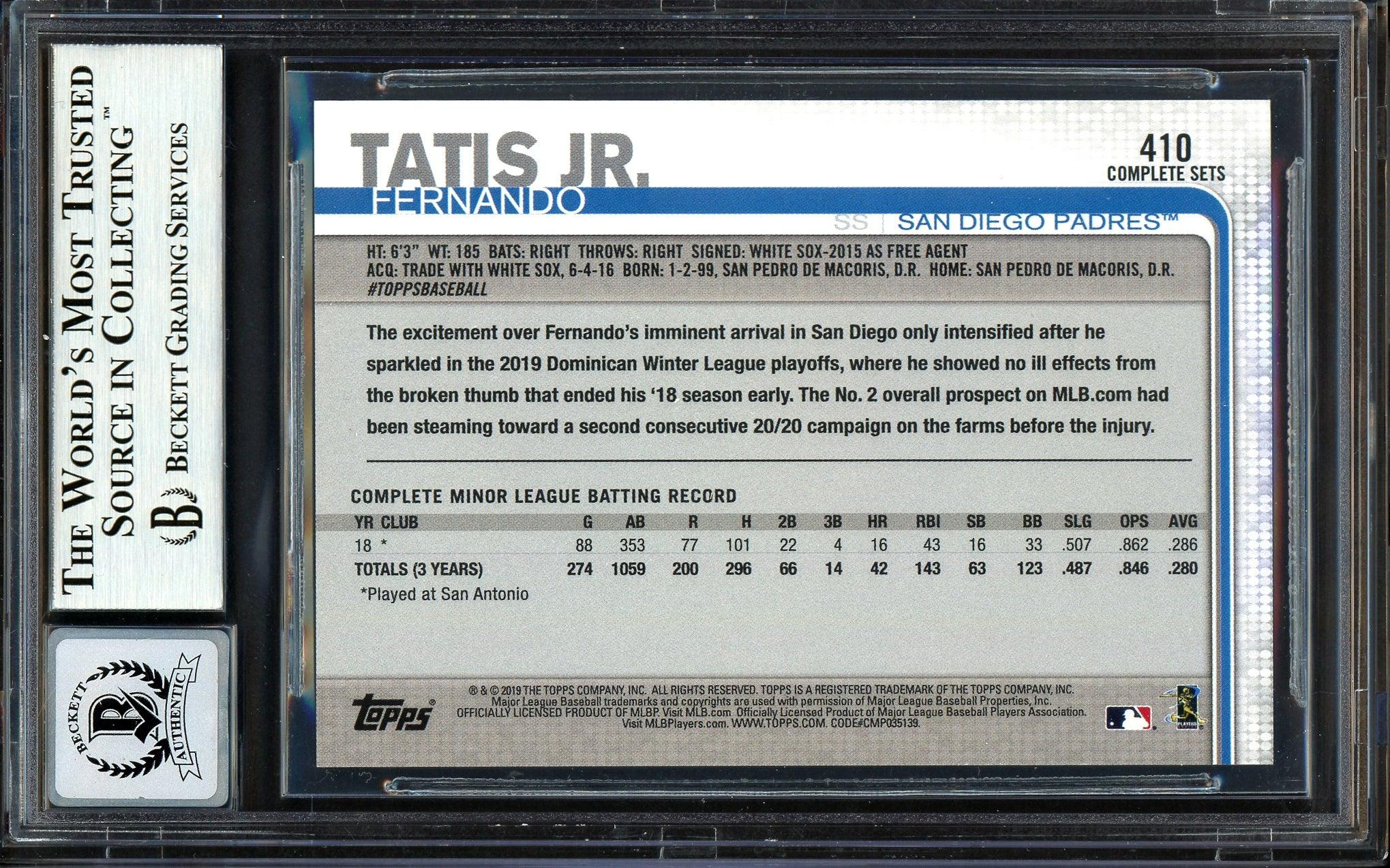 Fernando Tatis Jr. Autographed 2019 Topps Complete Set Rookie Card #410 San Diego Padres Auto Grade Gem Mint 10 Beckett BAS #13606465 - Image 2
