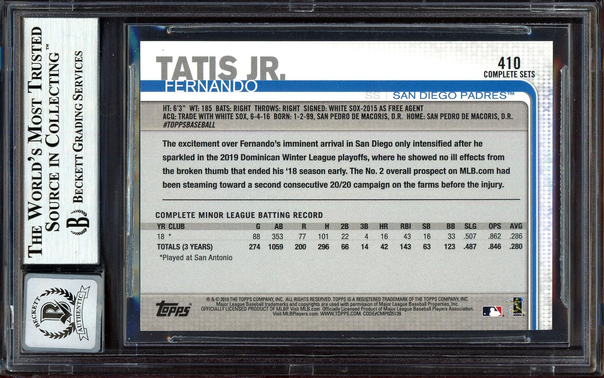 Fernando Tatis Jr. Autographed 2019 Topps Complete Set Rookie Card #410 San Diego Padres Auto Grade Gem Mint 10 Beckett BAS #13606469 - Image 2