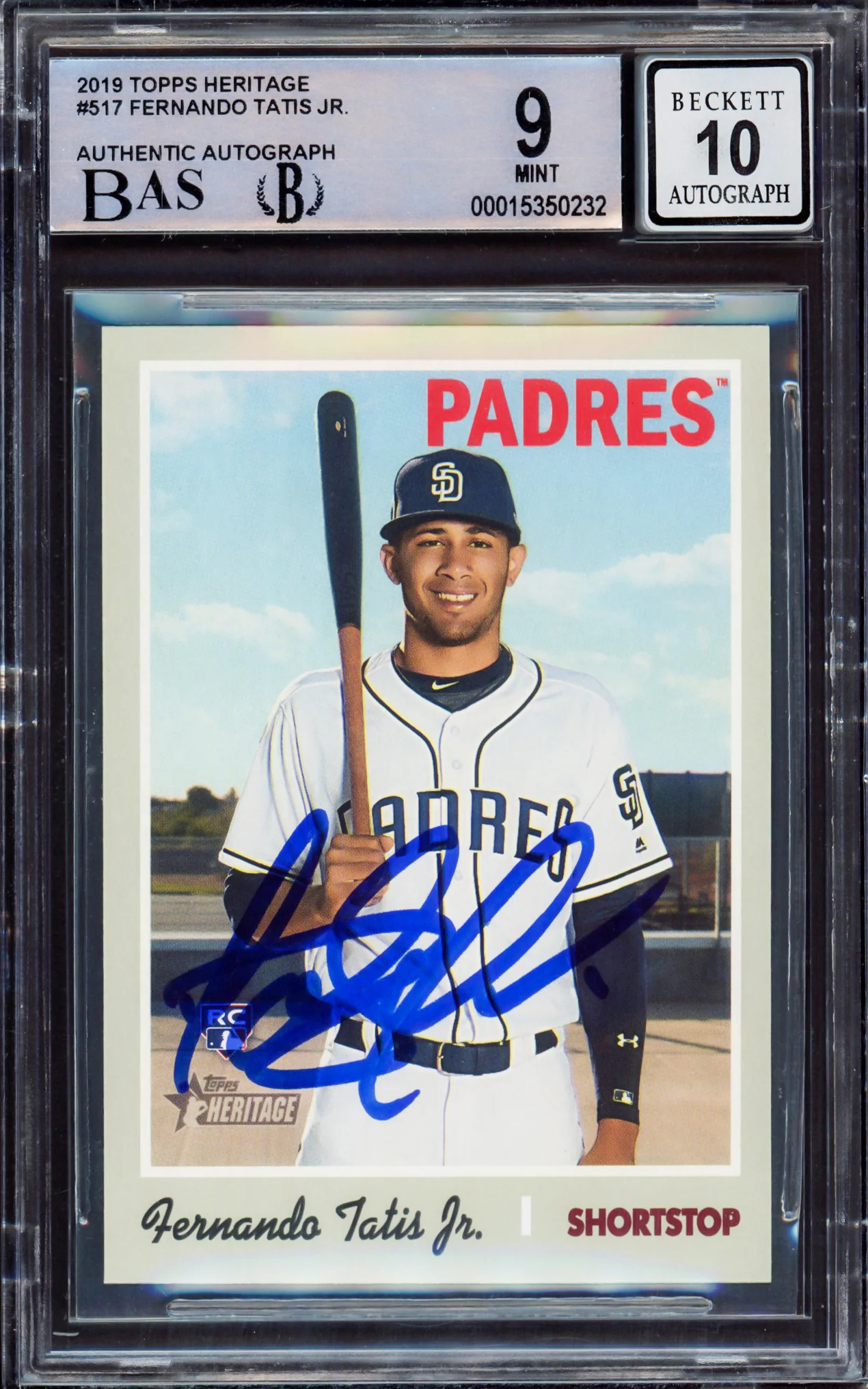 Fernando Tatis Jr. Autographed 2019 Topps Heritage Rookie Card #517 San Diego Padres BGS 9 Auto Grade Gem Mint 10 Beckett BAS Stock #212281