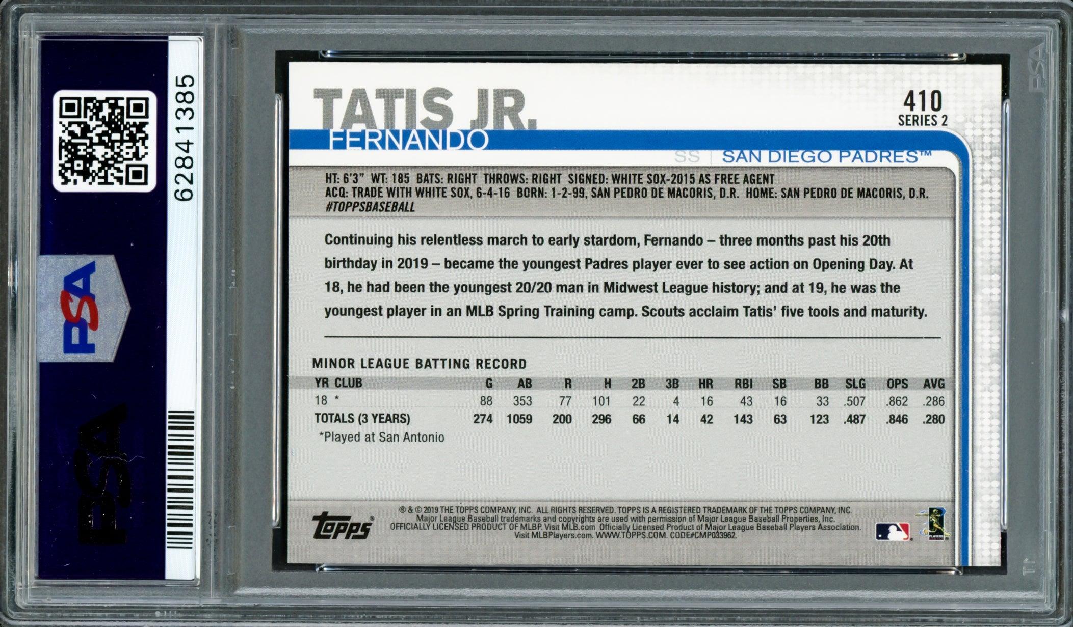 Fernando Tatis Jr. Autographed 2019 Topps Rookie Card #410 San Diego Padres PSA 7 Auto Grade Gem Mint 10 PSA/DNA #62841385 - Image 2