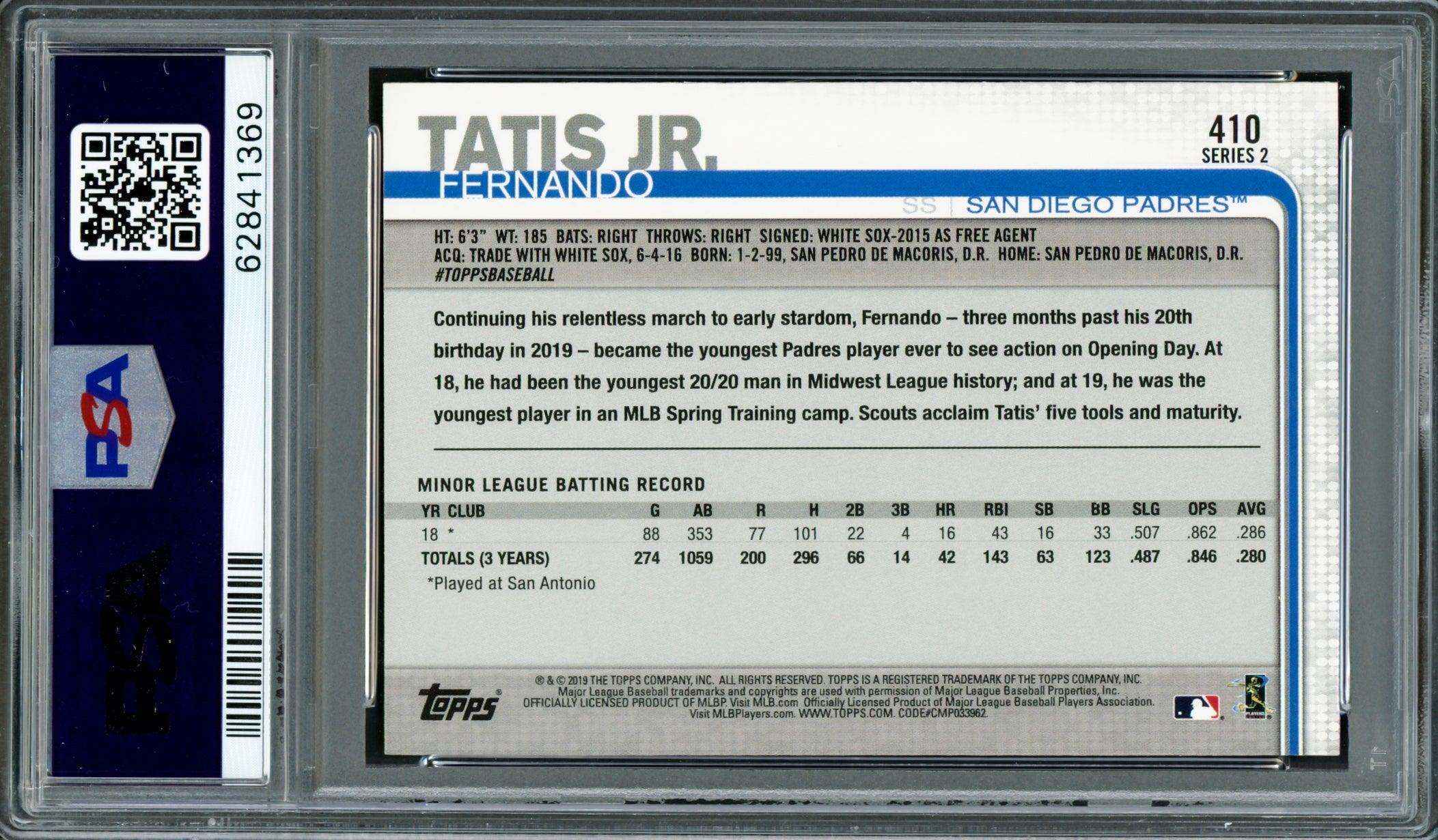 Fernando Tatis Jr. Autographed 2019 Topps Rookie Card #410 San Diego Padres PSA 9 Auto Grade Mint 9 PSA/DNA #62841369 - Image 2