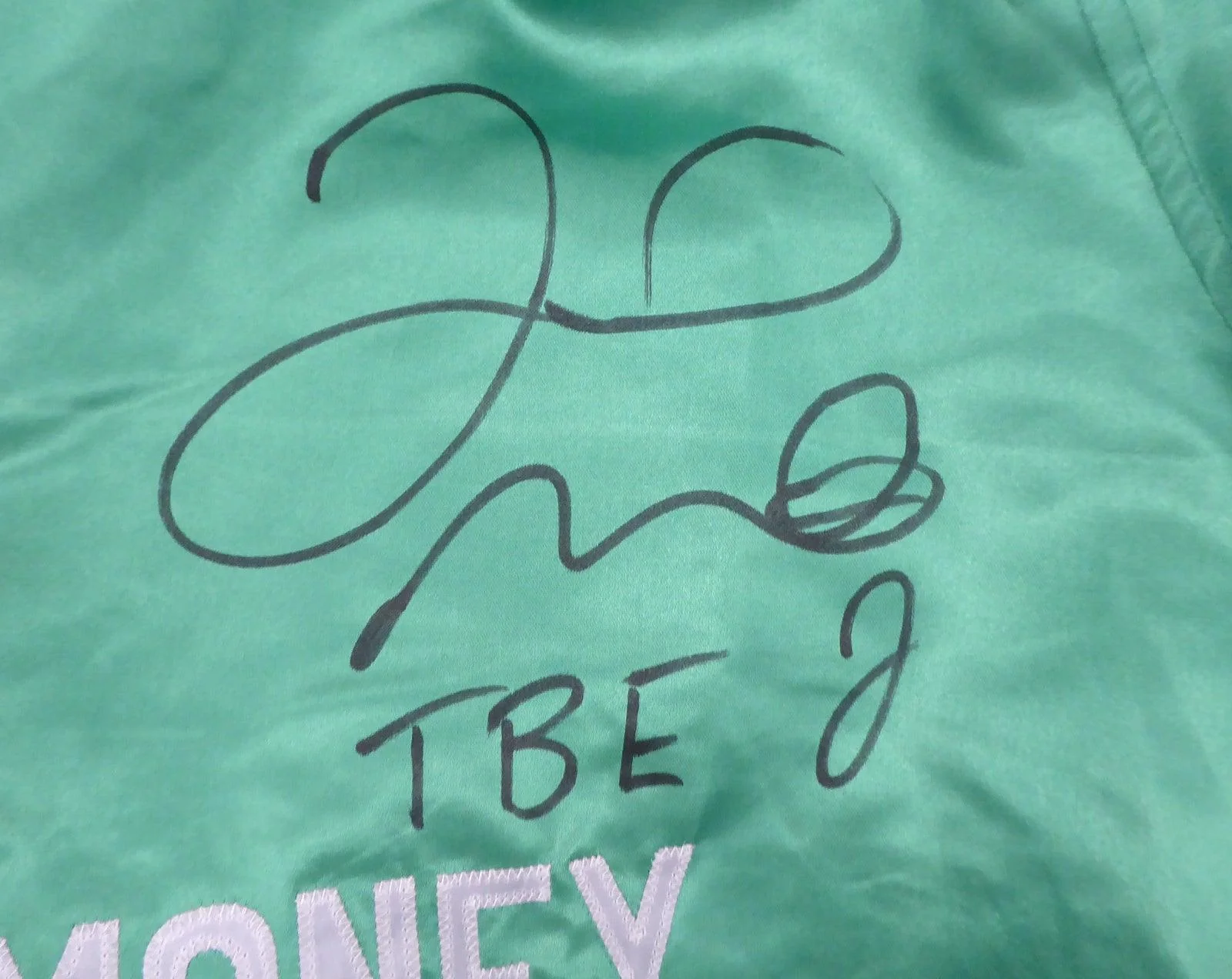 Floyd Mayweather Jr. Autographed Green Boxing Trunks "TBE" Beckett BAS Stock #159664 - Image 2