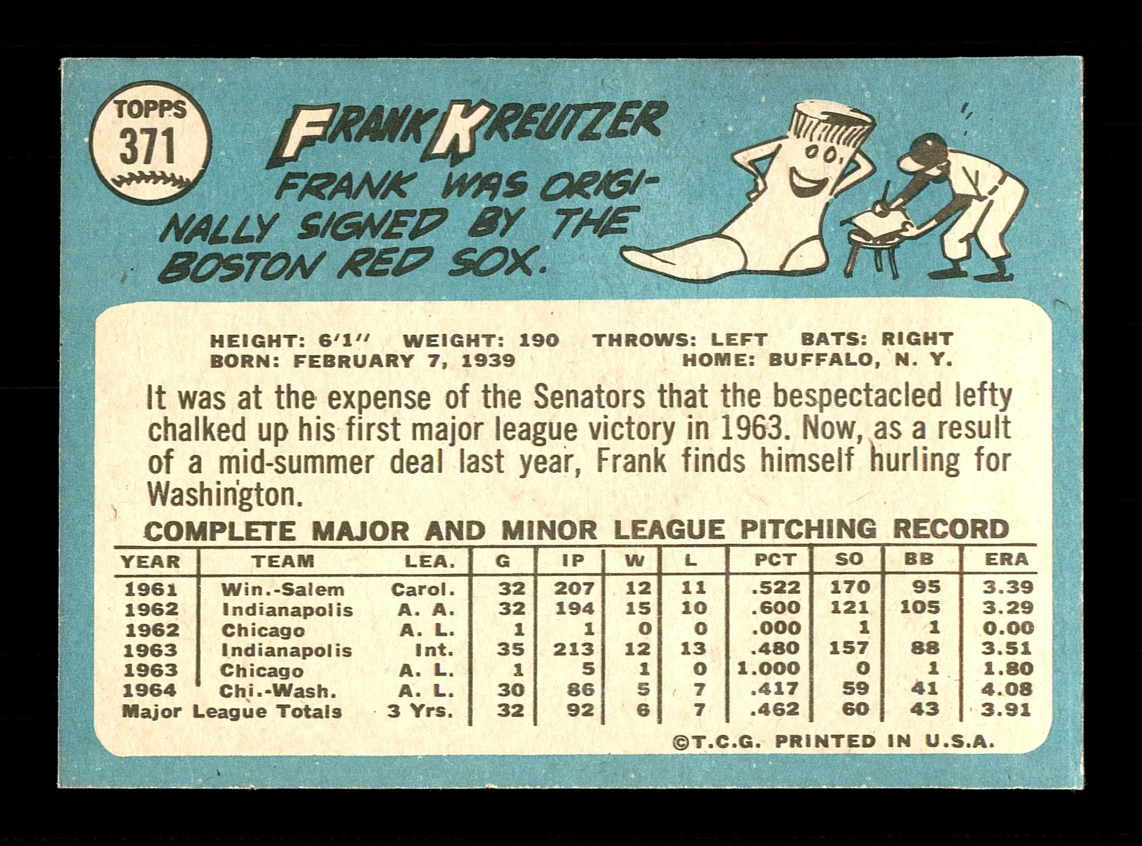 Frank Kreutzer Autographed 1965 Topps Card #371 Washington Senators SKU #170495 - Image 2