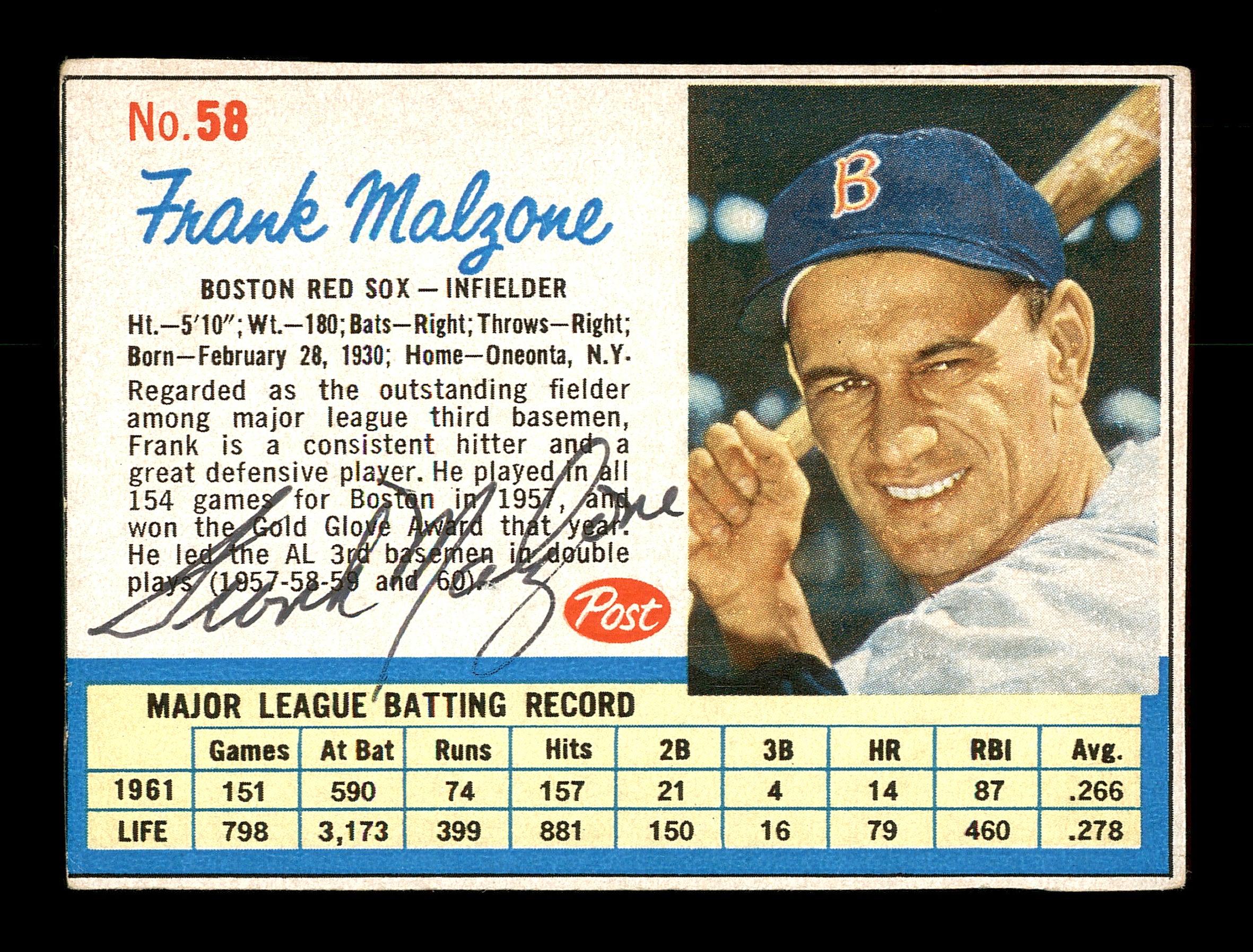 Frank Malzone Autographed 1962 Post Cereal Card #58 Boston Red Sox SKU #171747