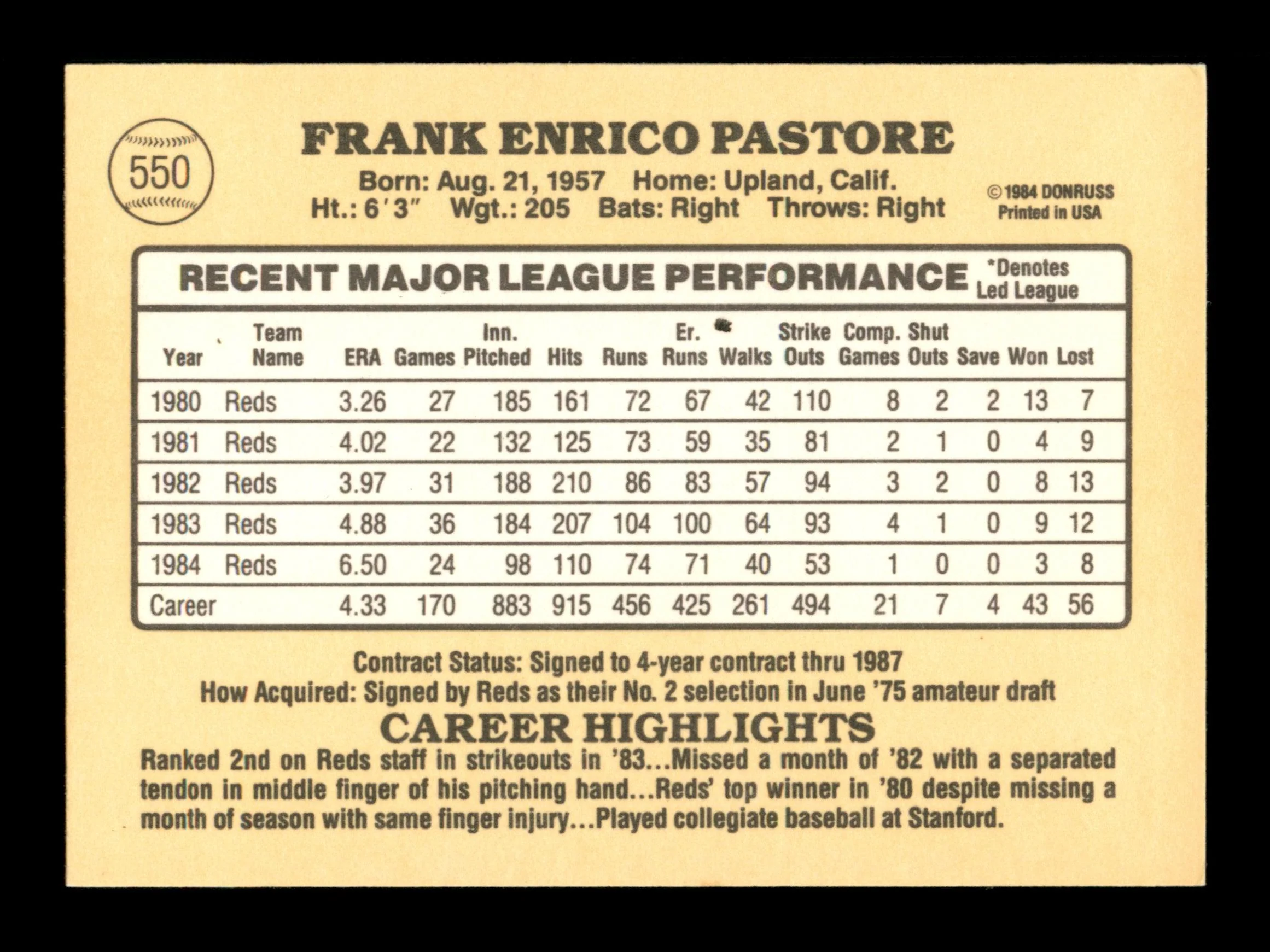 Frank Pastore Autographed 1985 Donruss Card #550 Cincinnati Reds SKU #195525 - Image 2