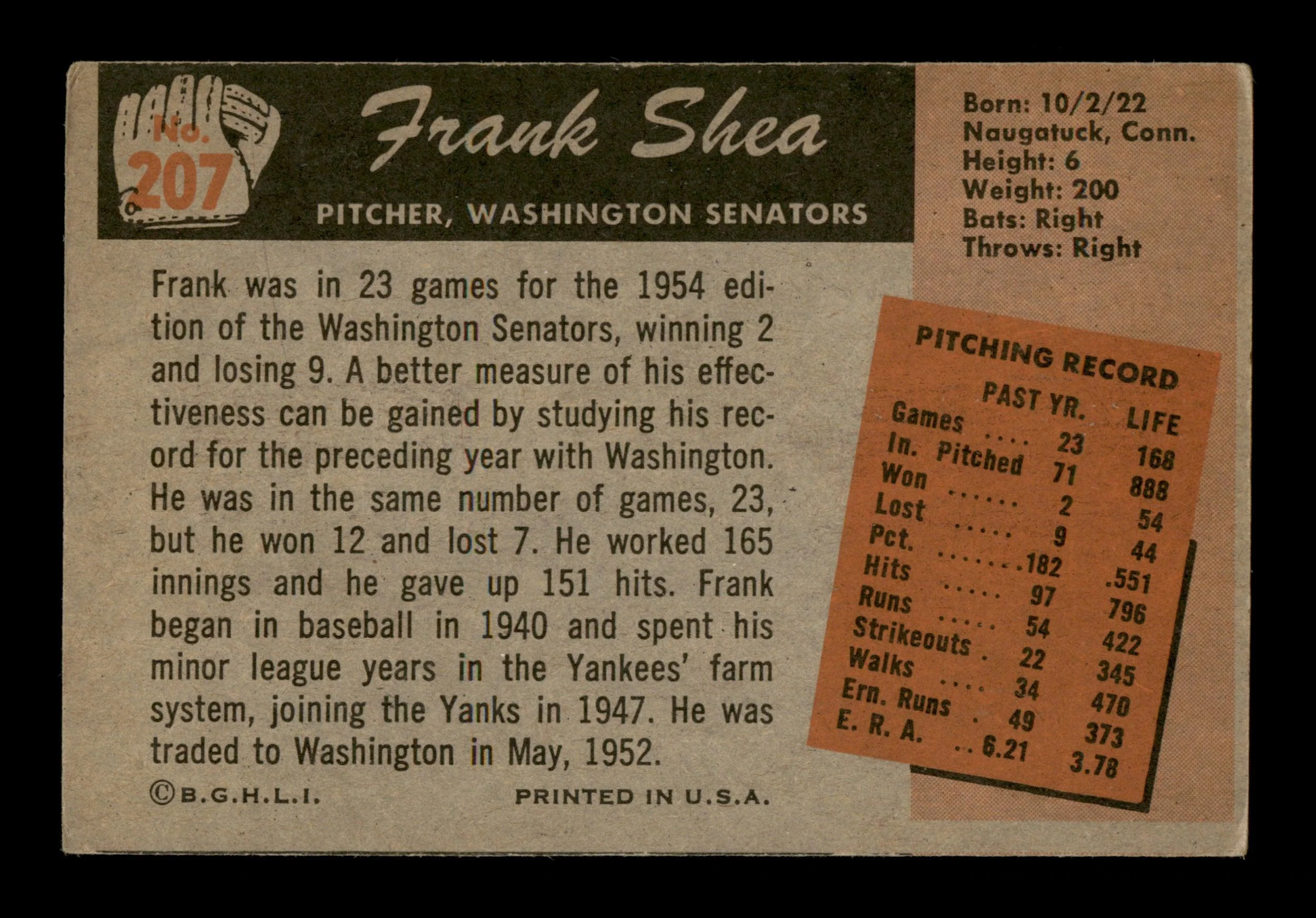 Frank Spec Shea Autographed 1955 Bowman Card #207 Washington Senators SKU #187815 - Image 2