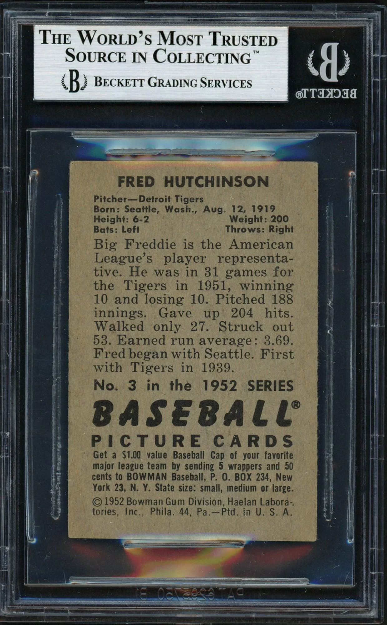 Fred Hutchinson Autographed 1952 Bowman Card #3 Detroit Tigers Beckett BAS #12074552 - Image 2