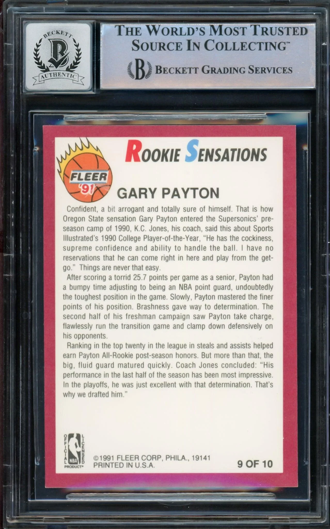 Gary Payton Autographed 1991-92 Fleer Rookie Sensations Rookie Card #9 Seattle Supersonics Auto Grade Gem Mint 10 Beckett BAS #14392378 - Image 2