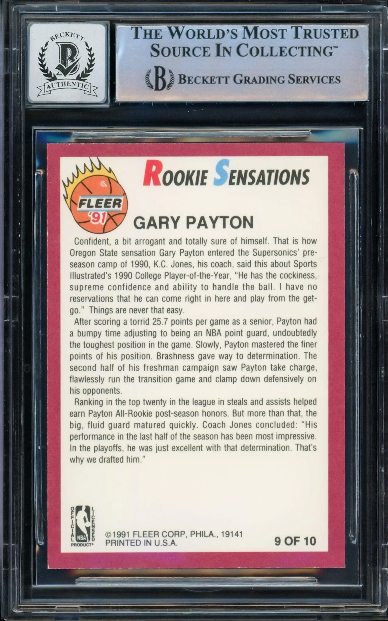 Gary Payton Autographed 1991-92 Fleer Rookie Sensations Rookie Card #9 Seattle Supersonics Auto Grade Gem Mint 10 Beckett BAS #14392379 - Image 2