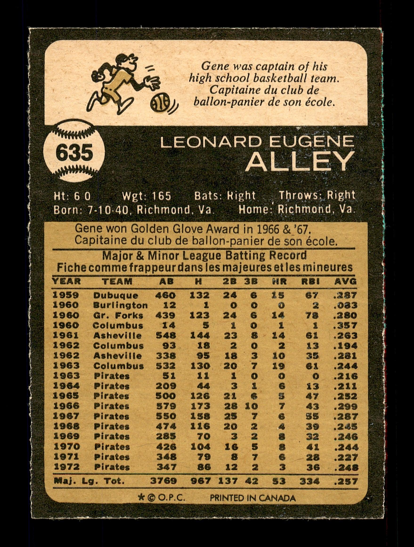 Gene Alley Autographed 1973 O-Pee-Chee Card #635 Pittsburgh Pirates SKU #169323 - Image 2