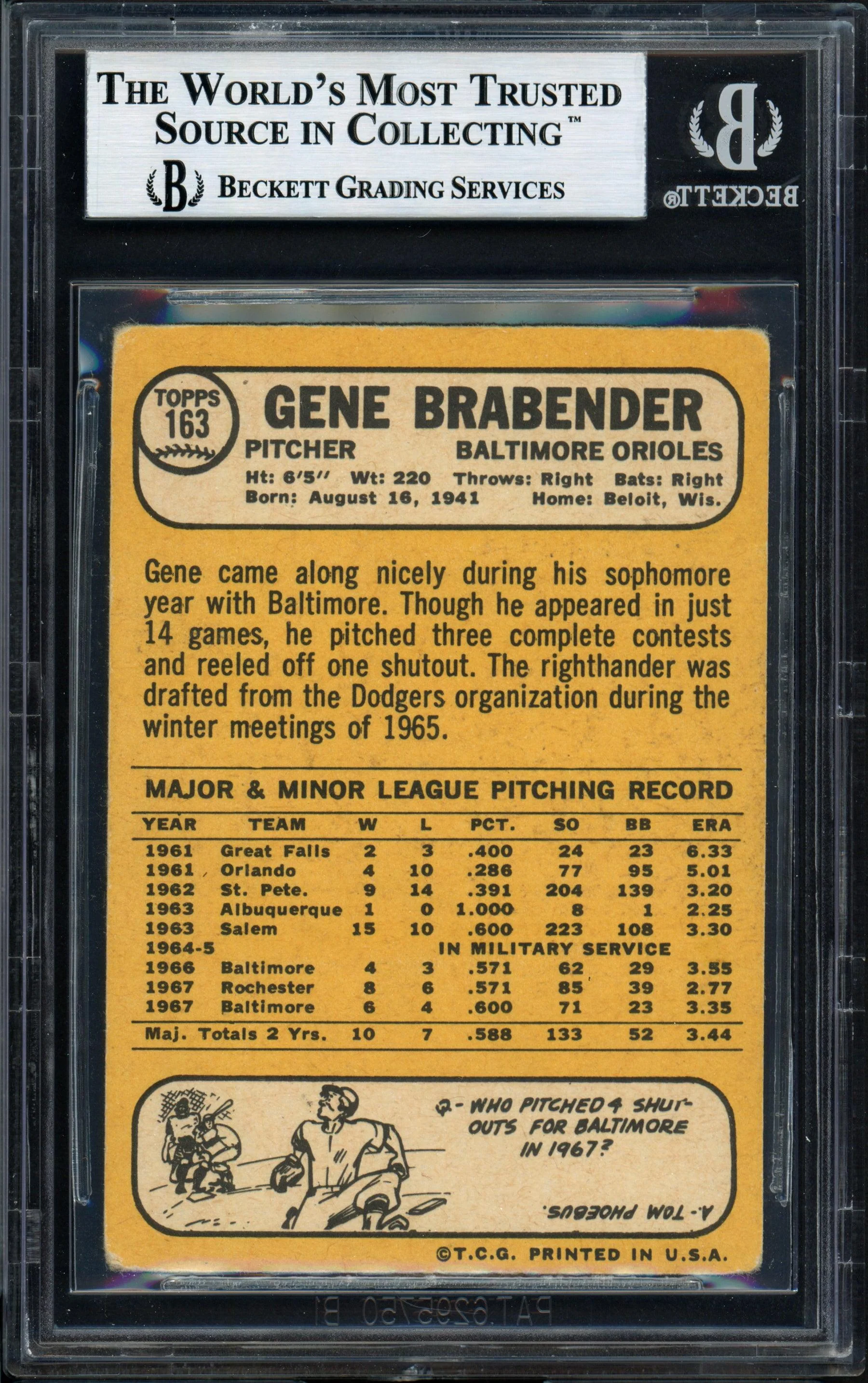 Gene Brabender Autographed 1968 Topps Card #163 Baltimore Orioles Beckett BAS #12057165 - Image 2
