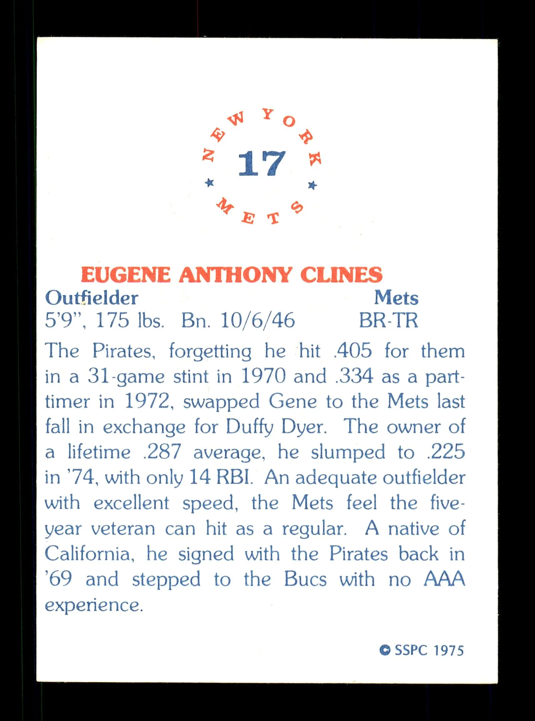 Gene Clines Autographed 1975 SSPC Card #17 New York Mets Regional Issue SKU #171420 - Image 2