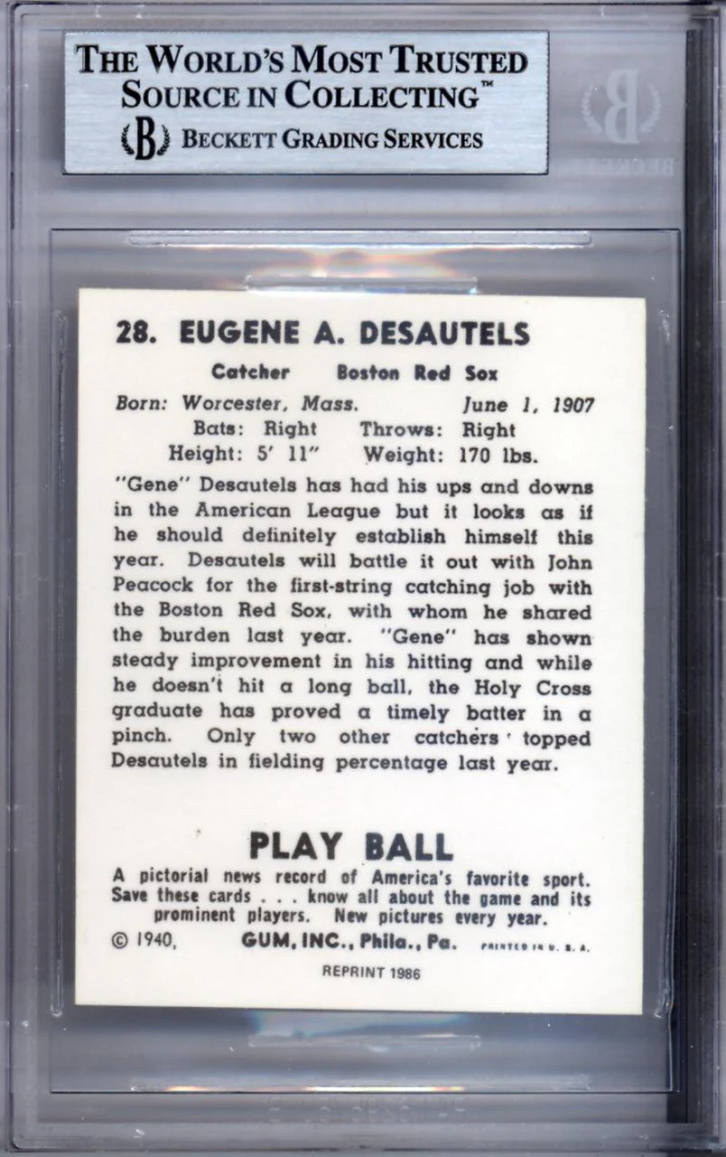 Gene Desautels Autographed 1986 1940 Play Ball Reprint Card #28 Boston Red Sox Beckett BAS #9888099 - Image 2