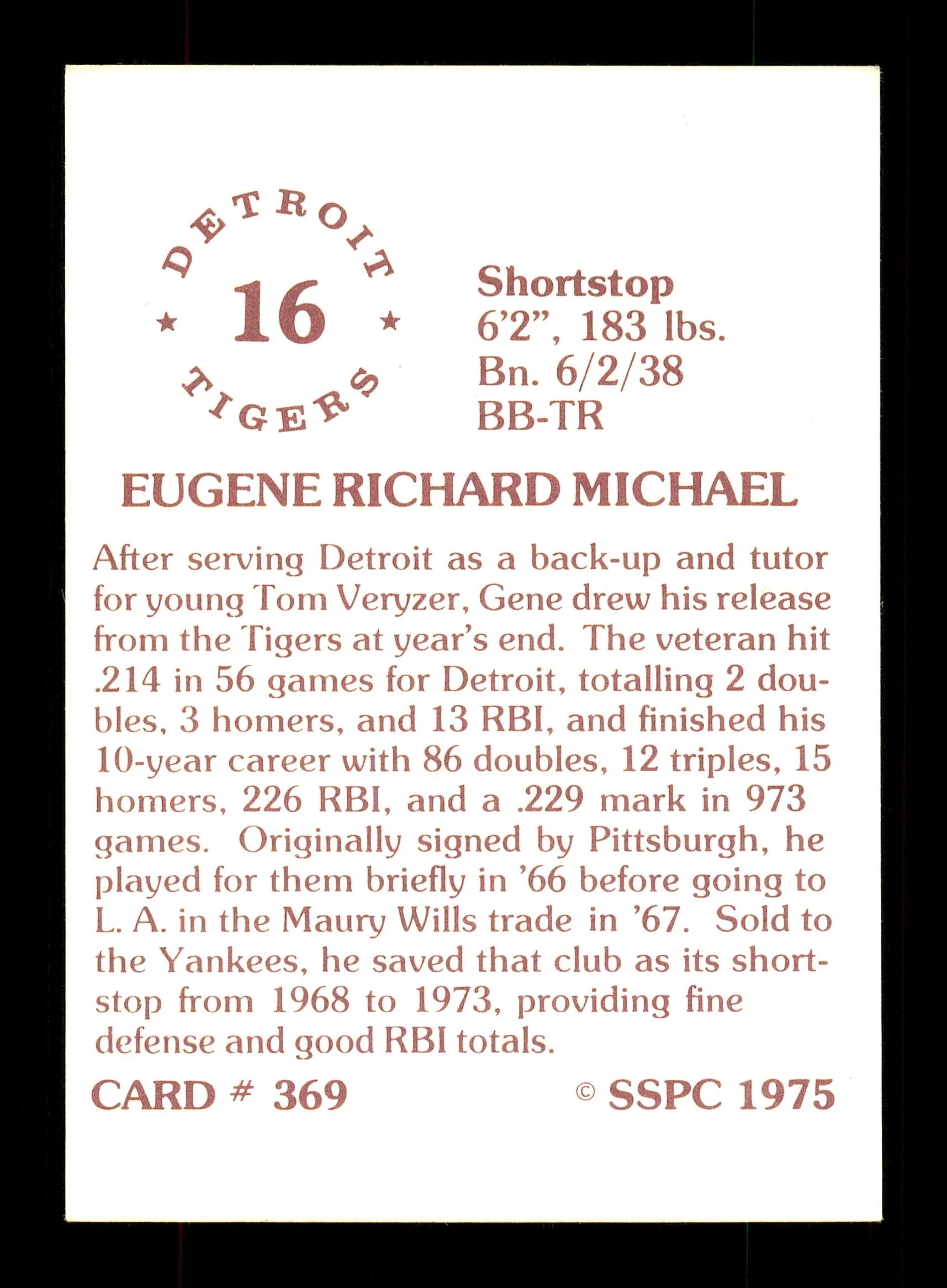 Gene Michael Autographed 1975 SSPC Card #369 Detroit Tigers SKU #172506 - Image 2
