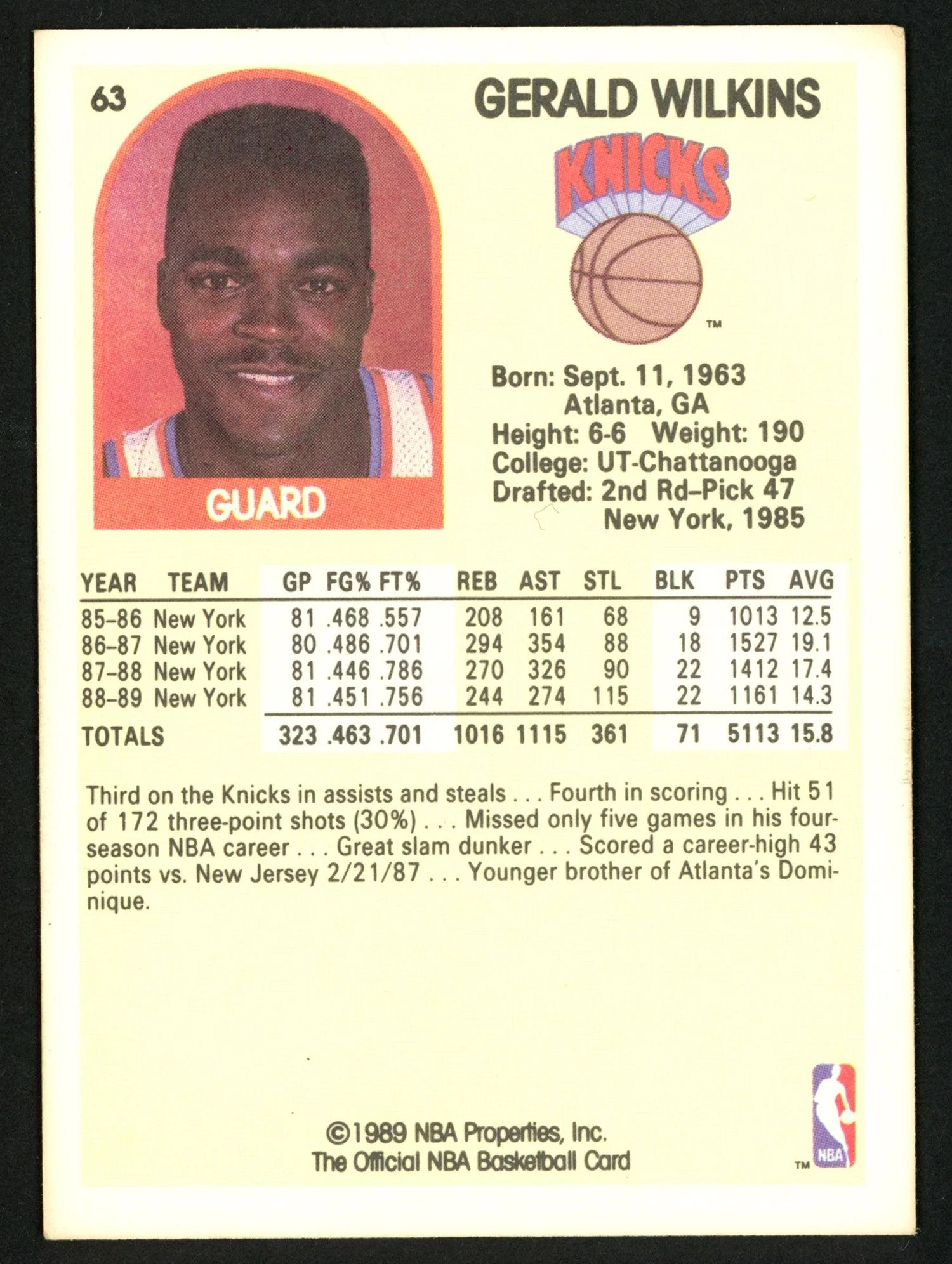 Gerald Wilkins Autographed 1989-90 Hoops Card #63 New York Knicks SKU #149767 - Image 2