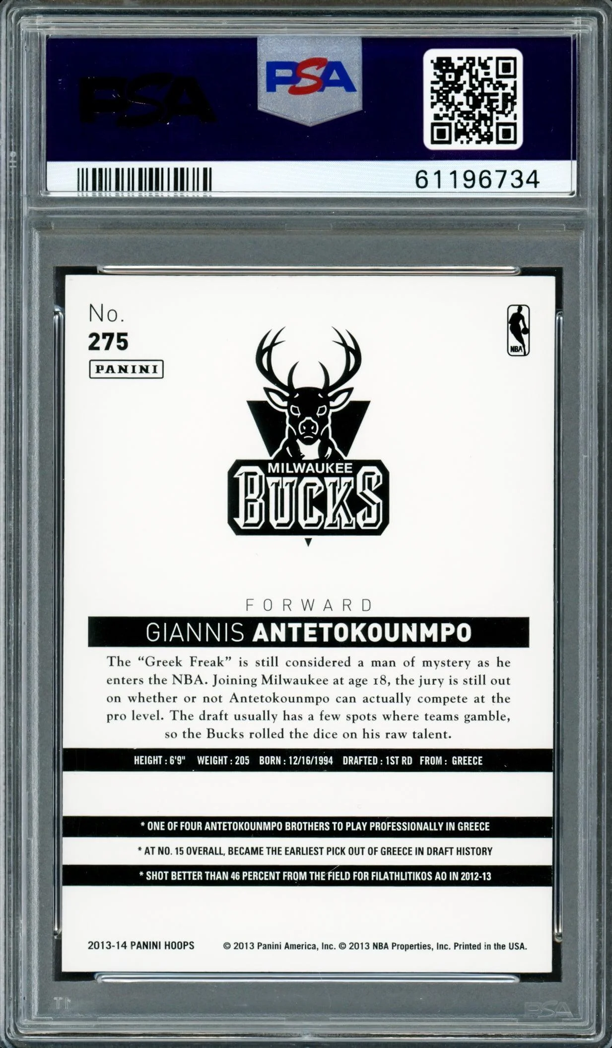 Giannis Antetokounmpo Autographed 2013 Panini Hoops Rookie Card #275 Milwaukee Bucks PSA 8 Auto Grade Gem Mint 10 PSA/DNA #61196734 - Image 2