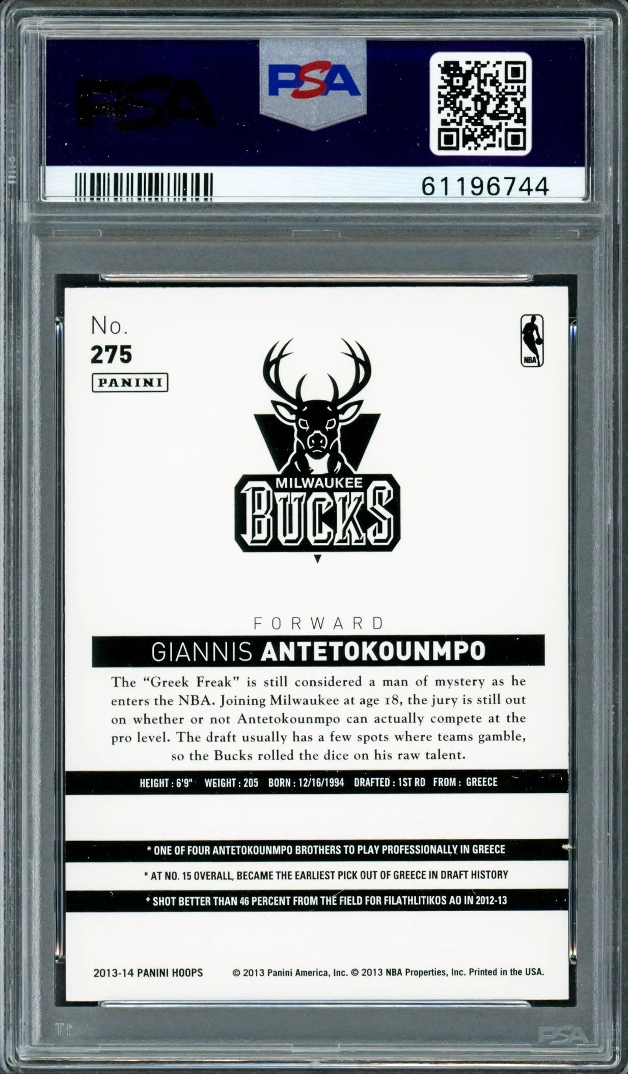 Giannis Antetokounmpo Autographed 2013 Panini Hoops Rookie Card #275 Milwaukee Bucks PSA 9 Auto Grade Mint 9 PSA/DNA #61196744 - Image 2