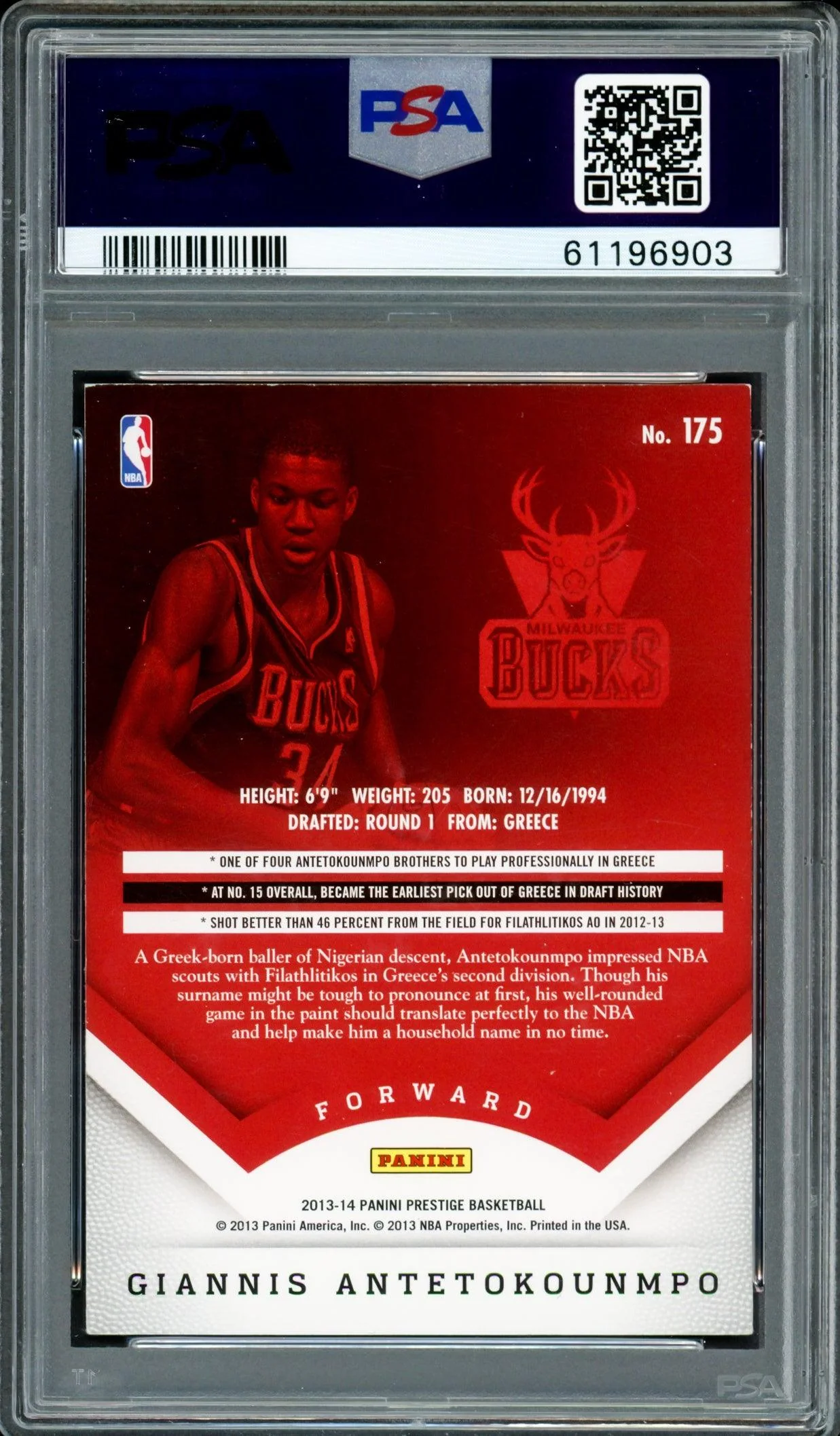 Giannis Antetokounmpo Autographed 2013 Panini Prestige Rookie Card #175 Milwaukee Bucks Auto Grade Mint 9 PSA/DNA #61196903 - Image 2