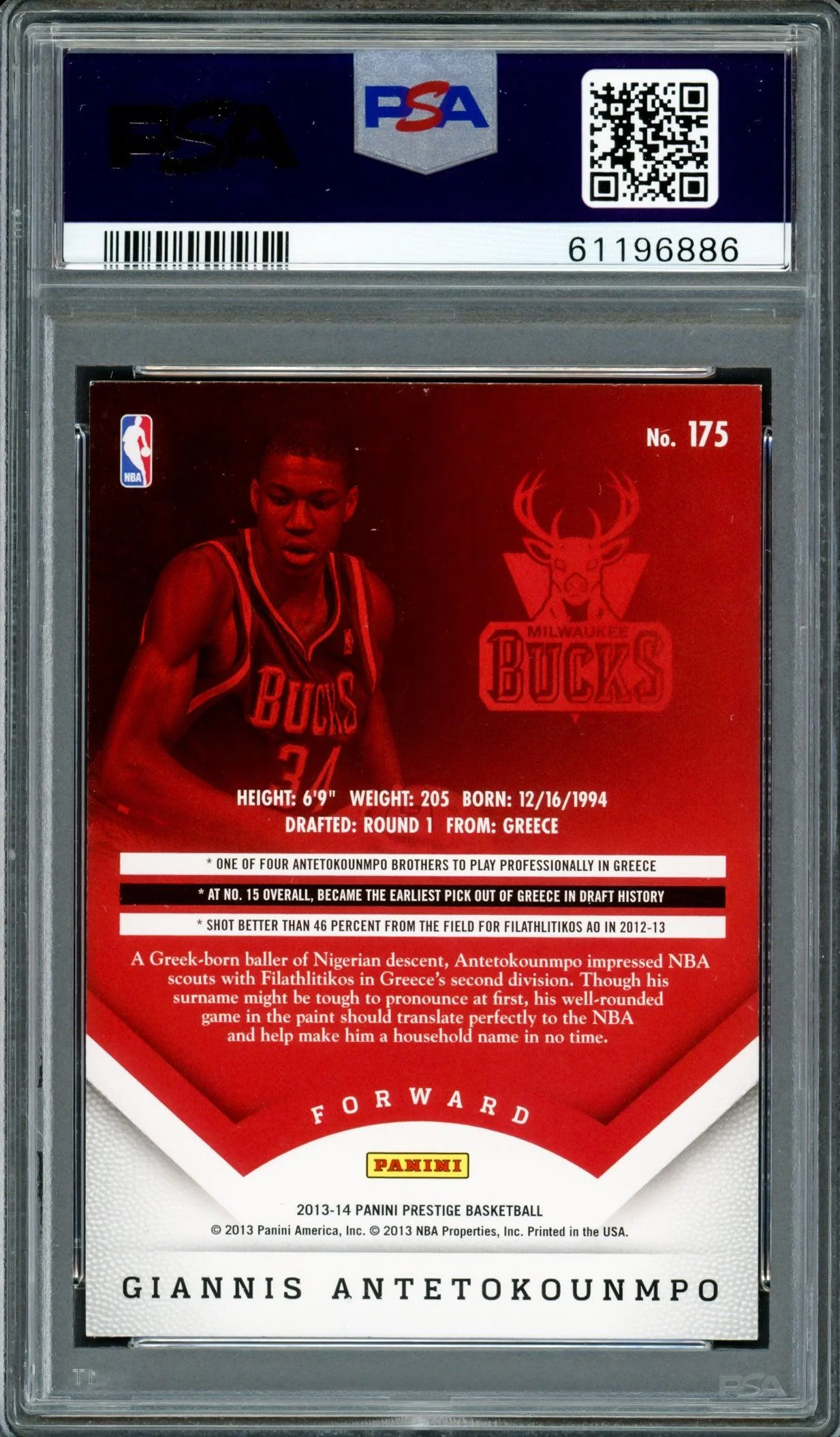 Giannis Antetokounmpo Autographed 2013 Panini Prestige Rookie Card #175 Milwaukee Bucks PSA 8 Auto Grade Gem Mint 10 PSA/DNA #61196886 - Image 2