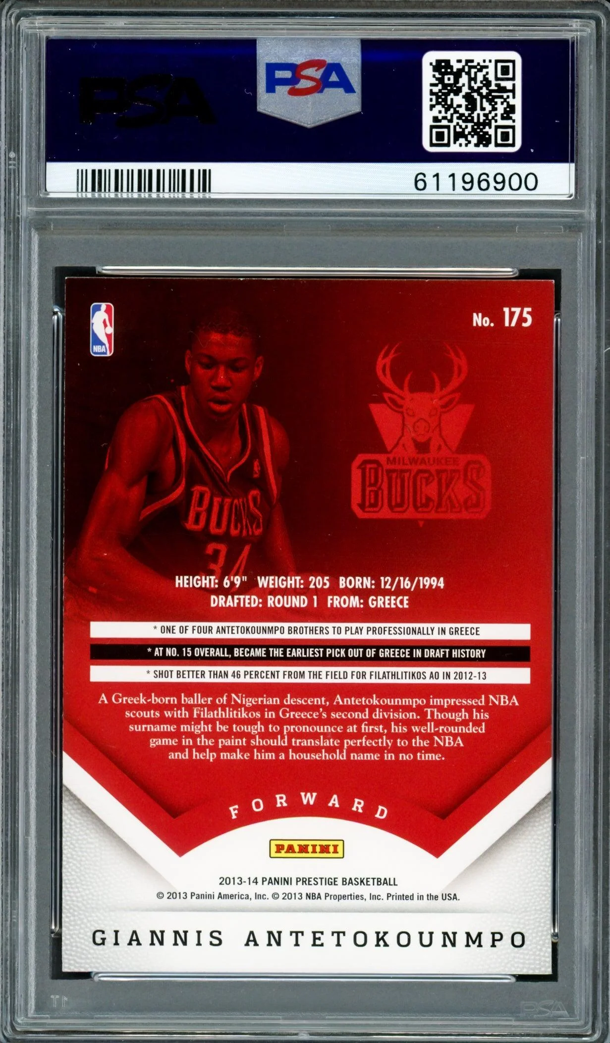 Giannis Antetokounmpo Autographed 2013 Panini Prestige Rookie Card #175 Milwaukee Bucks PSA 8 Auto Grade Mint 9 PSA/DNA #61196900 - Image 2