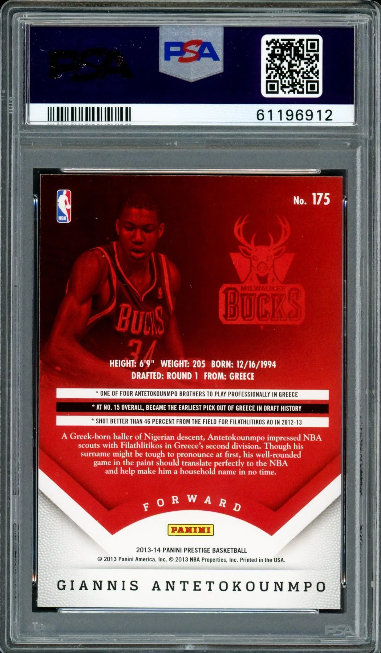 Giannis Antetokounmpo Autographed 2013 Panini Prestige Rookie Card #175 Milwaukee Bucks PSA 8 Auto Grade Mint 9 PSA/DNA #61196912 - Image 2
