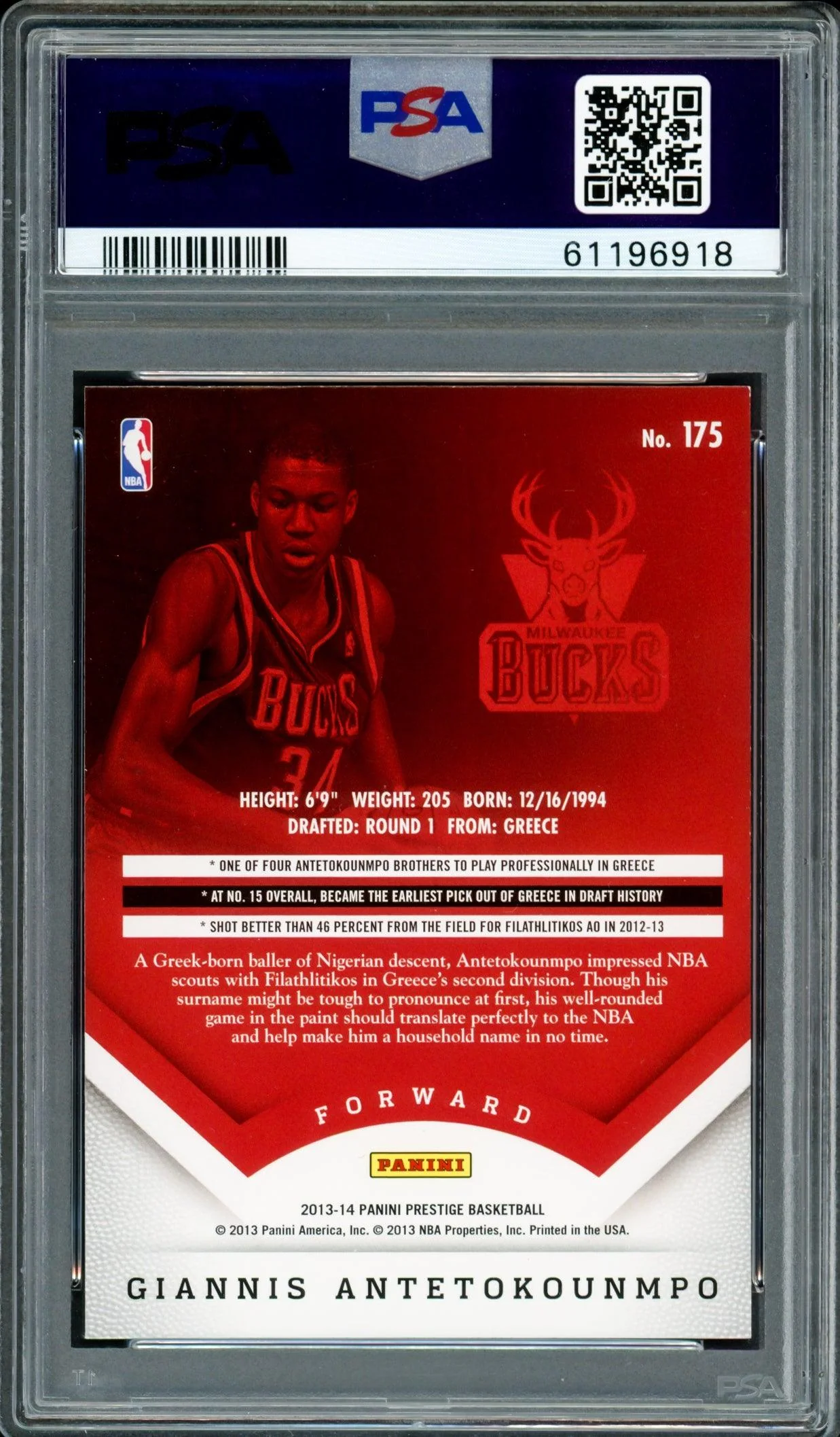 Giannis Antetokounmpo Autographed 2013 Panini Prestige Rookie Card #175 Milwaukee Bucks PSA 8 PSA/DNA #61196918 - Image 2