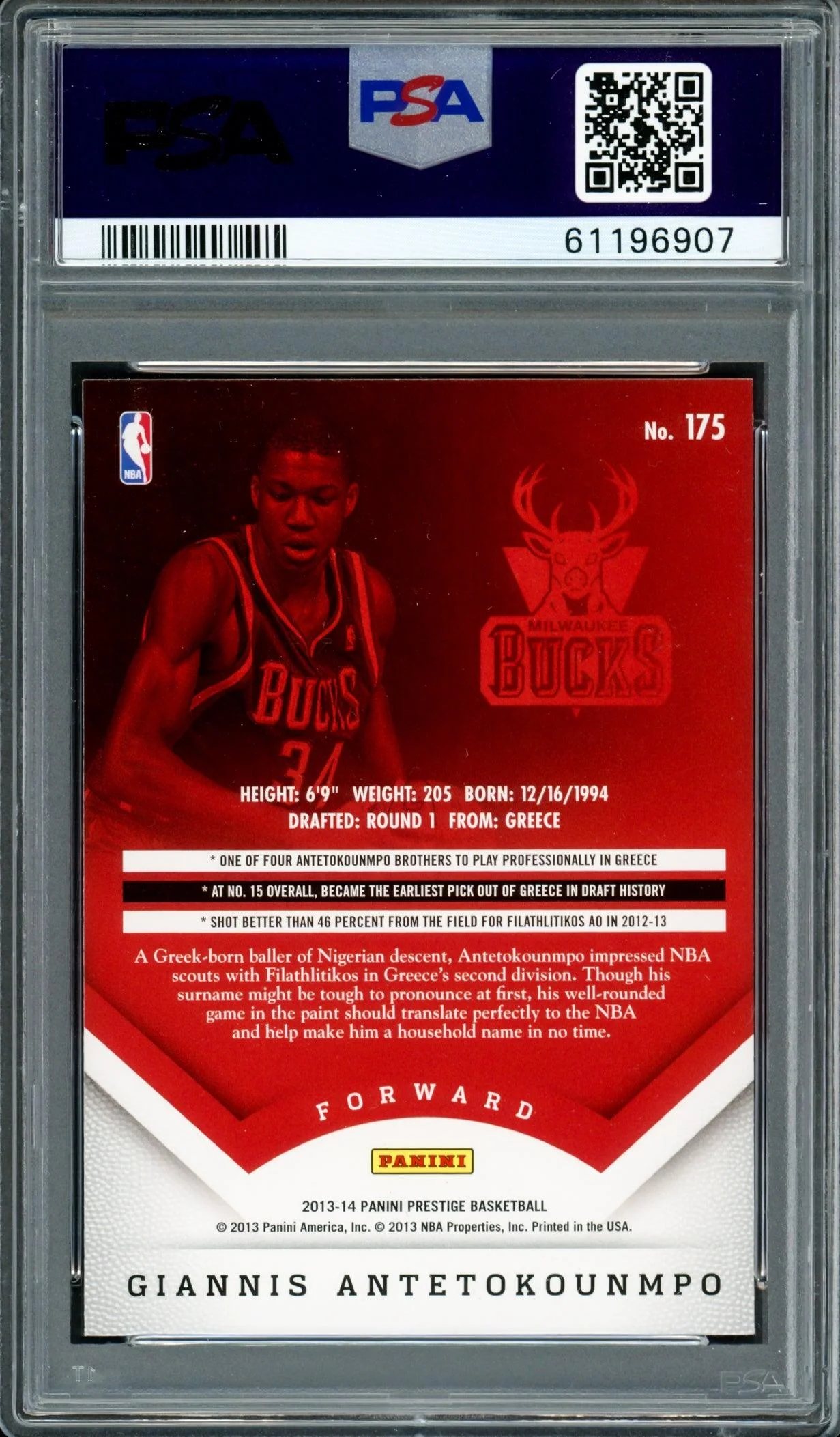 Giannis Antetokounmpo Autographed 2013 Panini Prestige Rookie Card #175 Milwaukee Bucks PSA 9 Auto Grade Mint 9 PSA/DNA #61196907 - Image 2