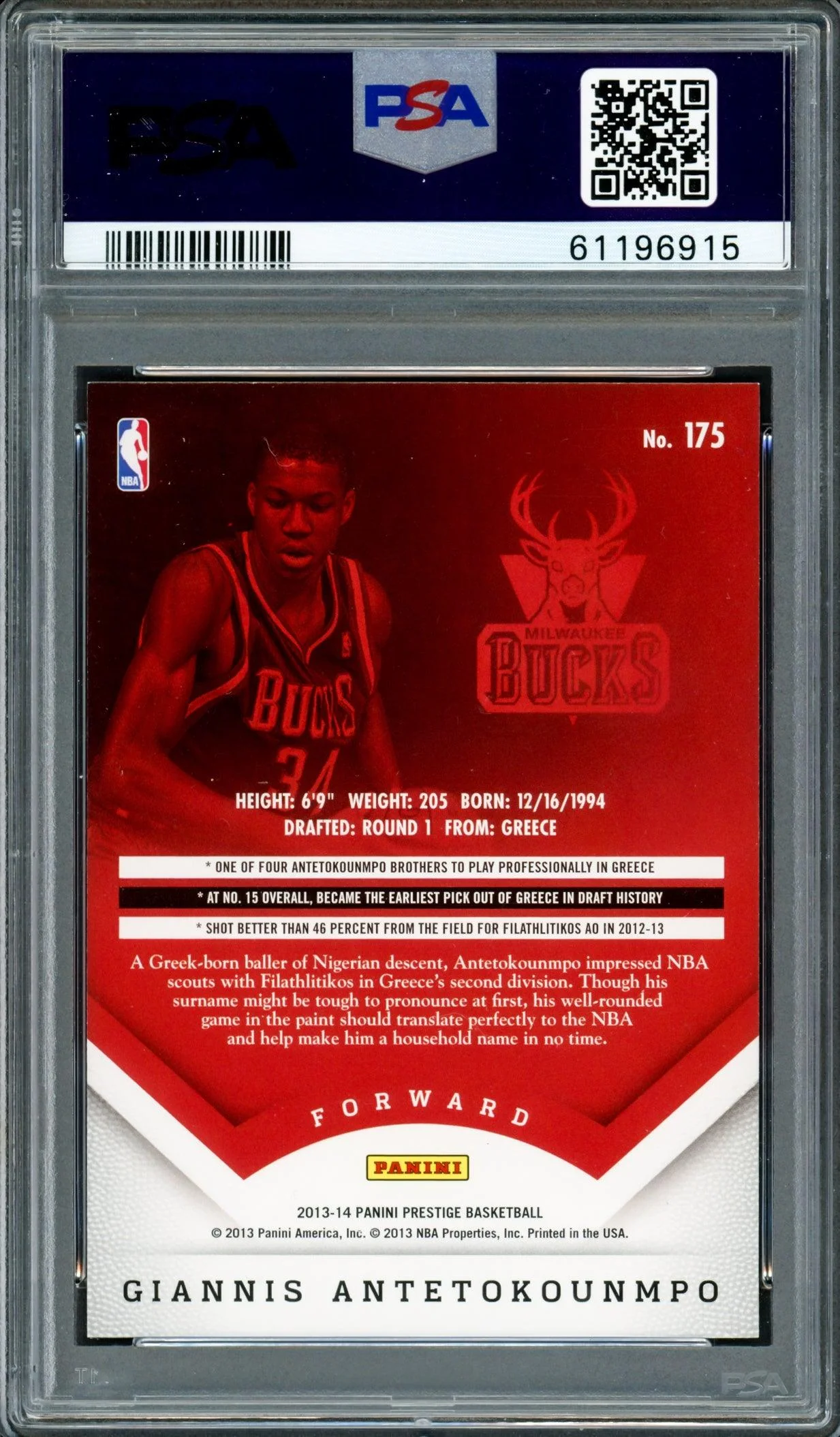Giannis Antetokounmpo Autographed 2013 Panini Prestige Rookie Card #175 Milwaukee Bucks PSA 9 Auto Grade Mint 9 PSA/DNA #61196915 - Image 2