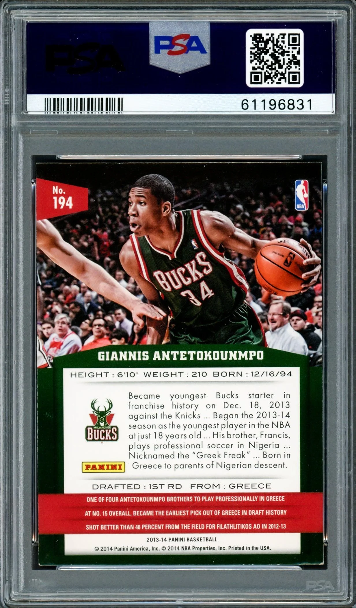 Giannis Antetokounmpo Autographed 2013 Panini Rookie Card #194 Milwaukee Bucks Auto Grade Mint 9 PSA/DNA #61196831 - Image 2