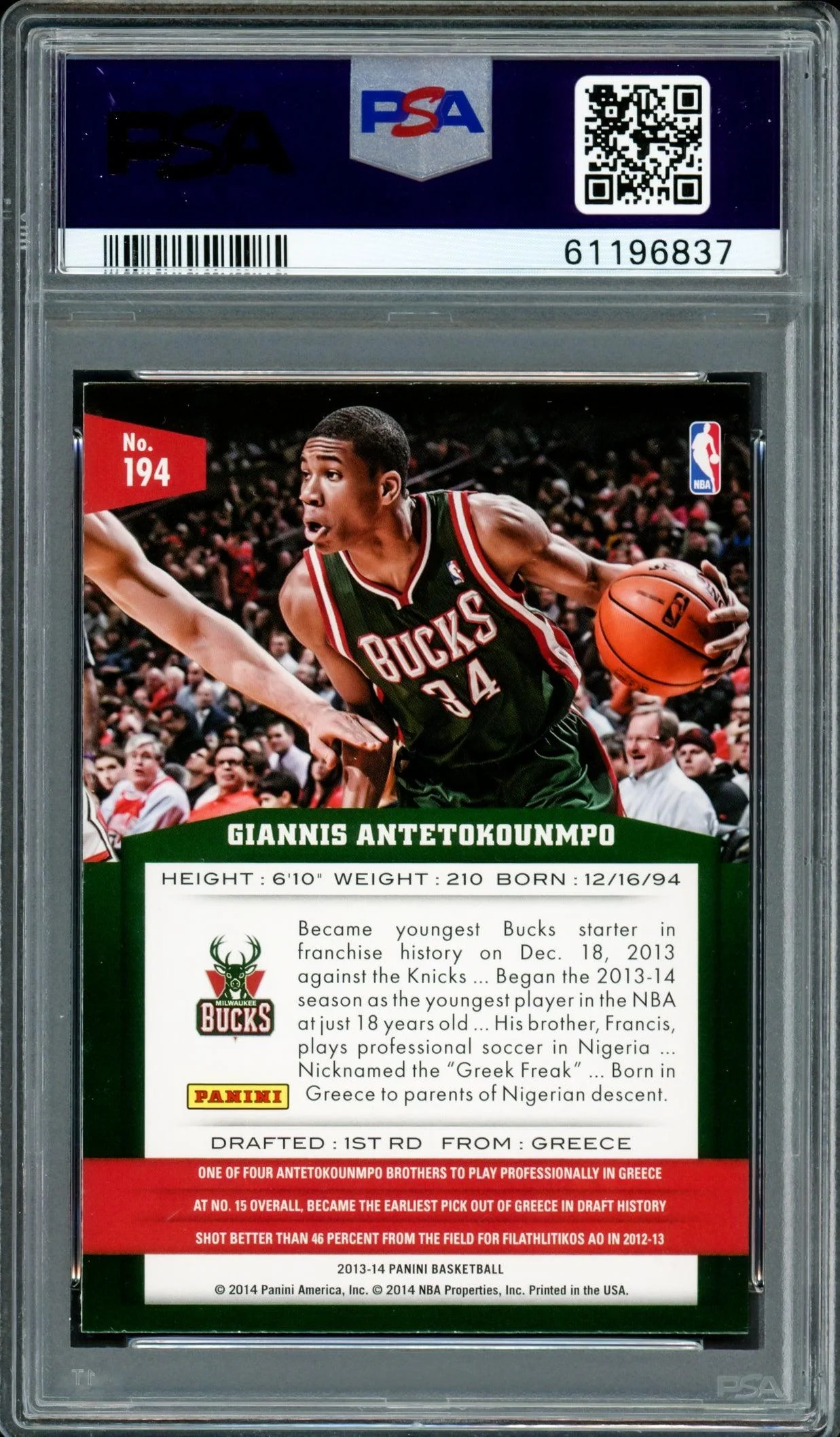 Giannis Antetokounmpo Autographed 2013 Panini Rookie Card #194 Milwaukee Bucks PSA 8 Auto Grade Gem Mint 10 PSA/DNA #61196837 - Image 2