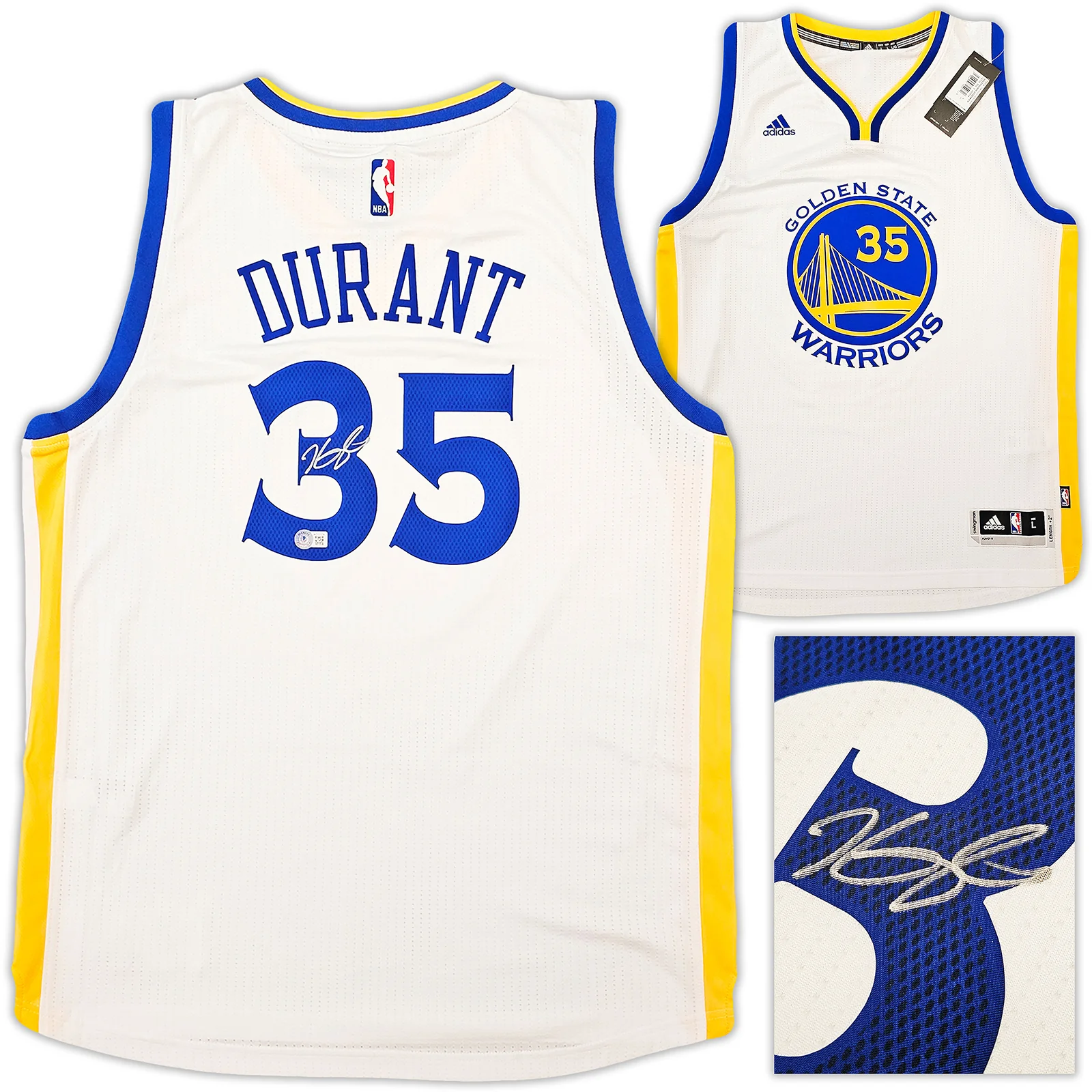 Golden State Warriors Kevin Durant Autographed White Adidas Swingman Jersey Size L + 2 Length Beckett BAS QR Stock #212186