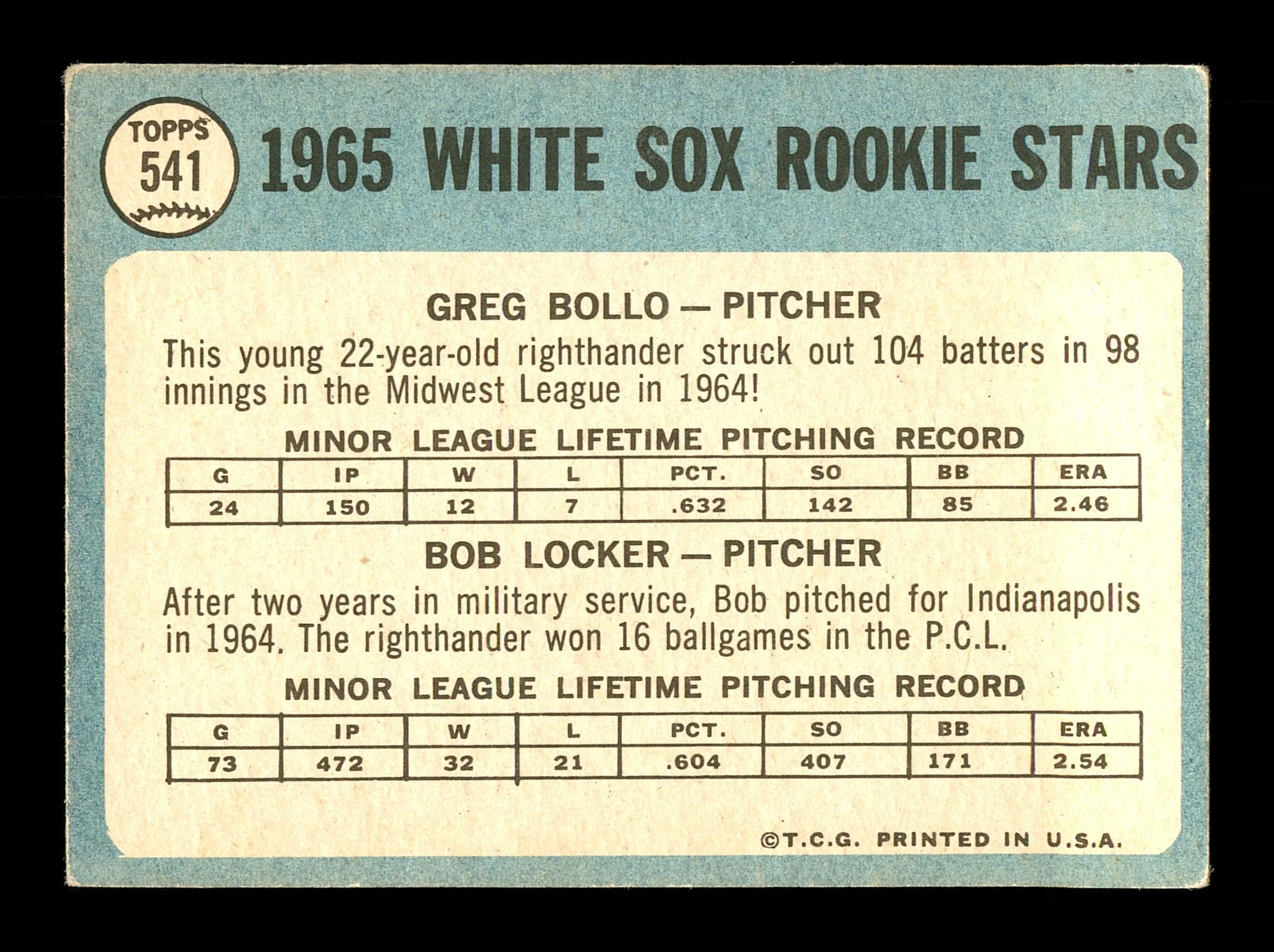 Greg Bollo Autographed 1965 Topps Rookie Card #541 Chicago White Sox SKU #170562 - Image 2