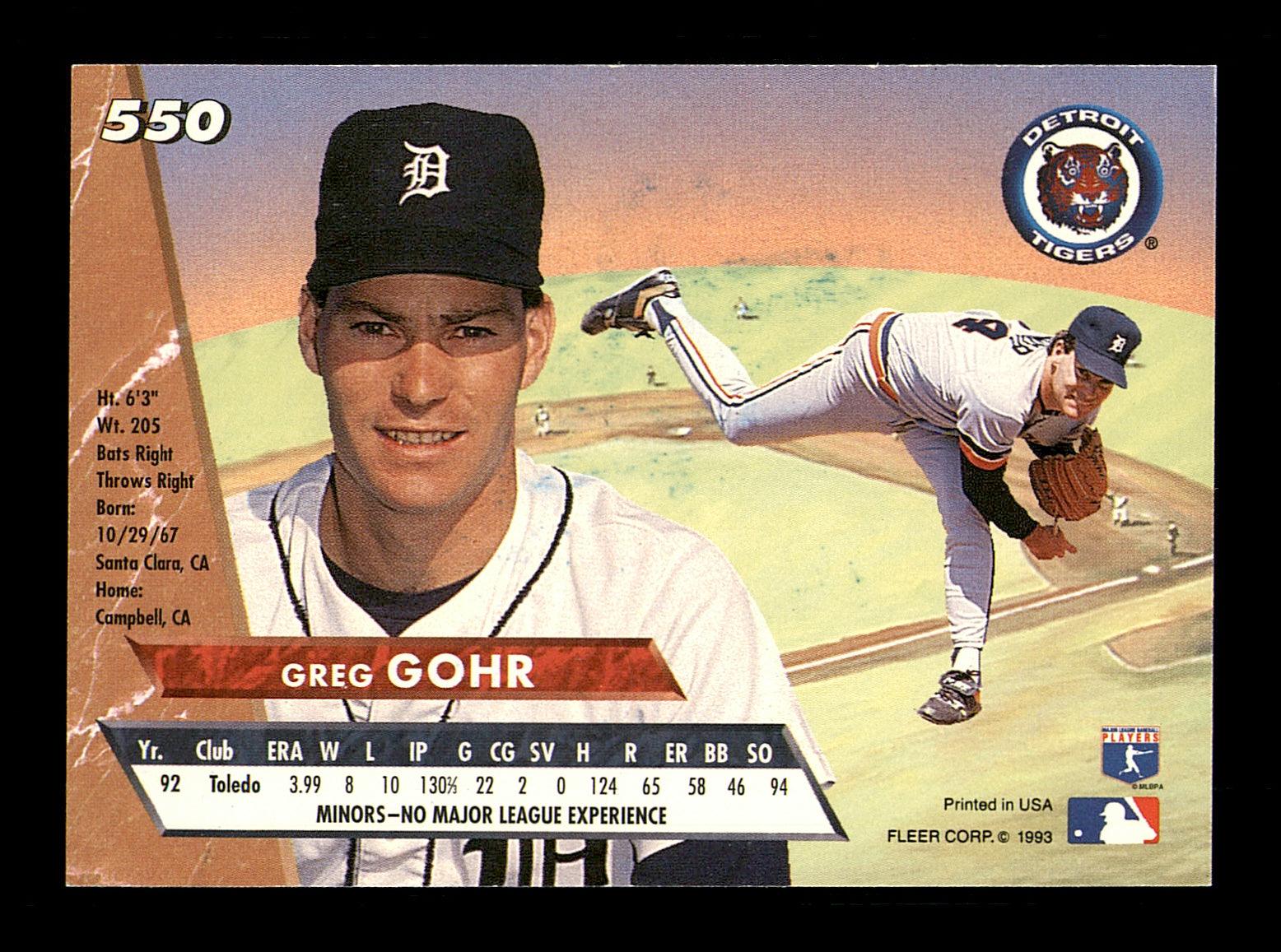Greg Gohr Autographed 1993 Fleer Ultra Rookie Card #550 Detroit Tigers SKU #184006 - Image 2