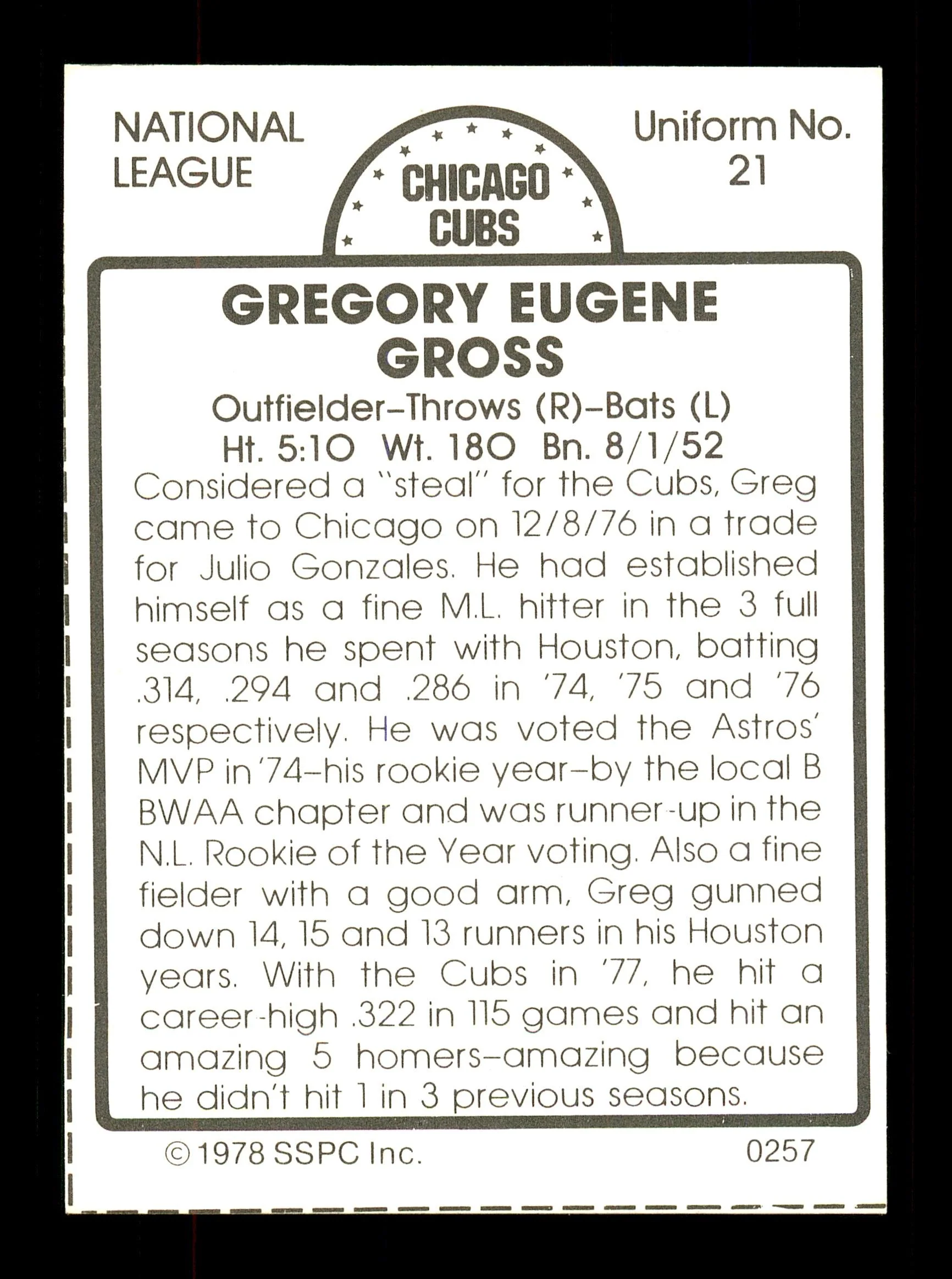 Greg Gross Autographed 1978 SSPC Card #257 Chicago Cubs SKU #172385 - Image 2